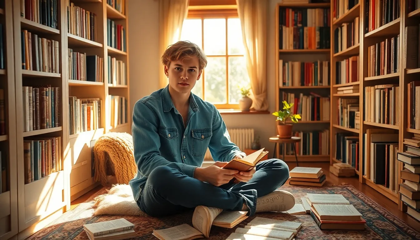 a young author writing in a sunlit room surrounded by books.