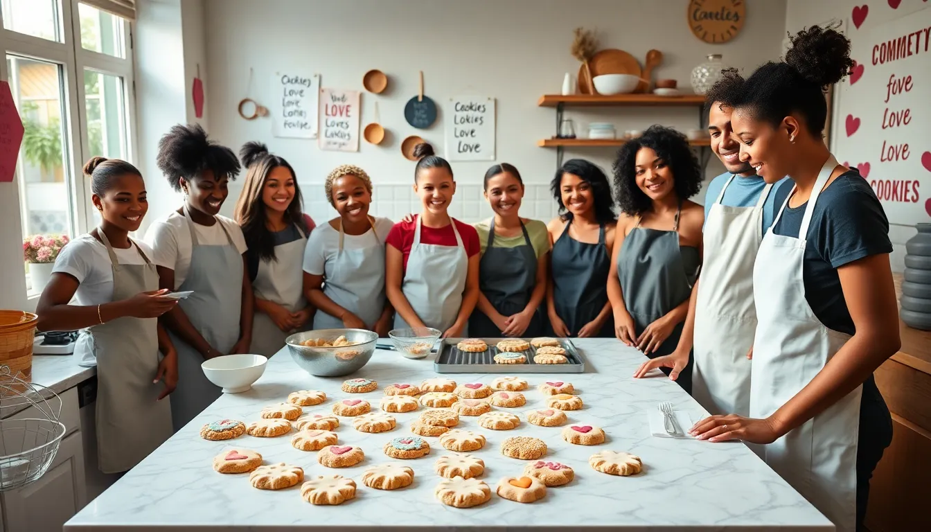 bakers joyfully preparing colorful cookies in a warm kitchen.