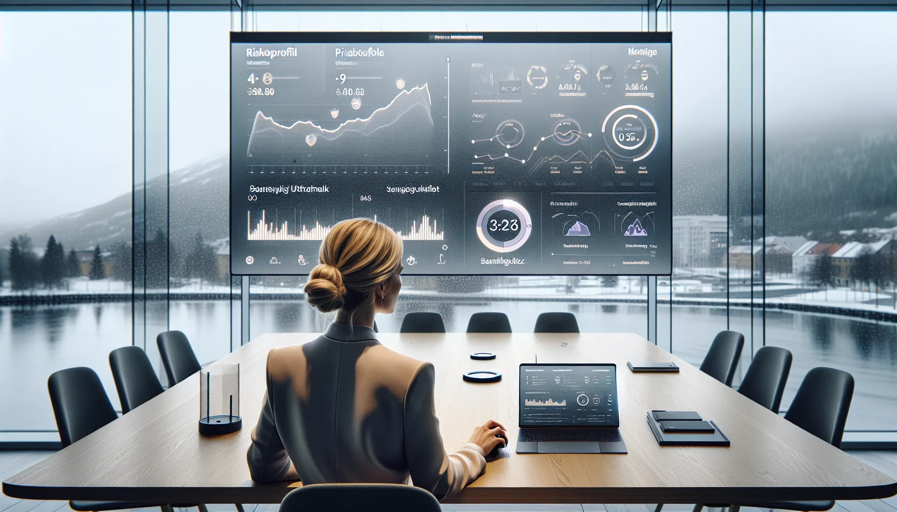 Norwegian negotiator reviews AI dashboards during a tech-enabled meeting in Oslo.