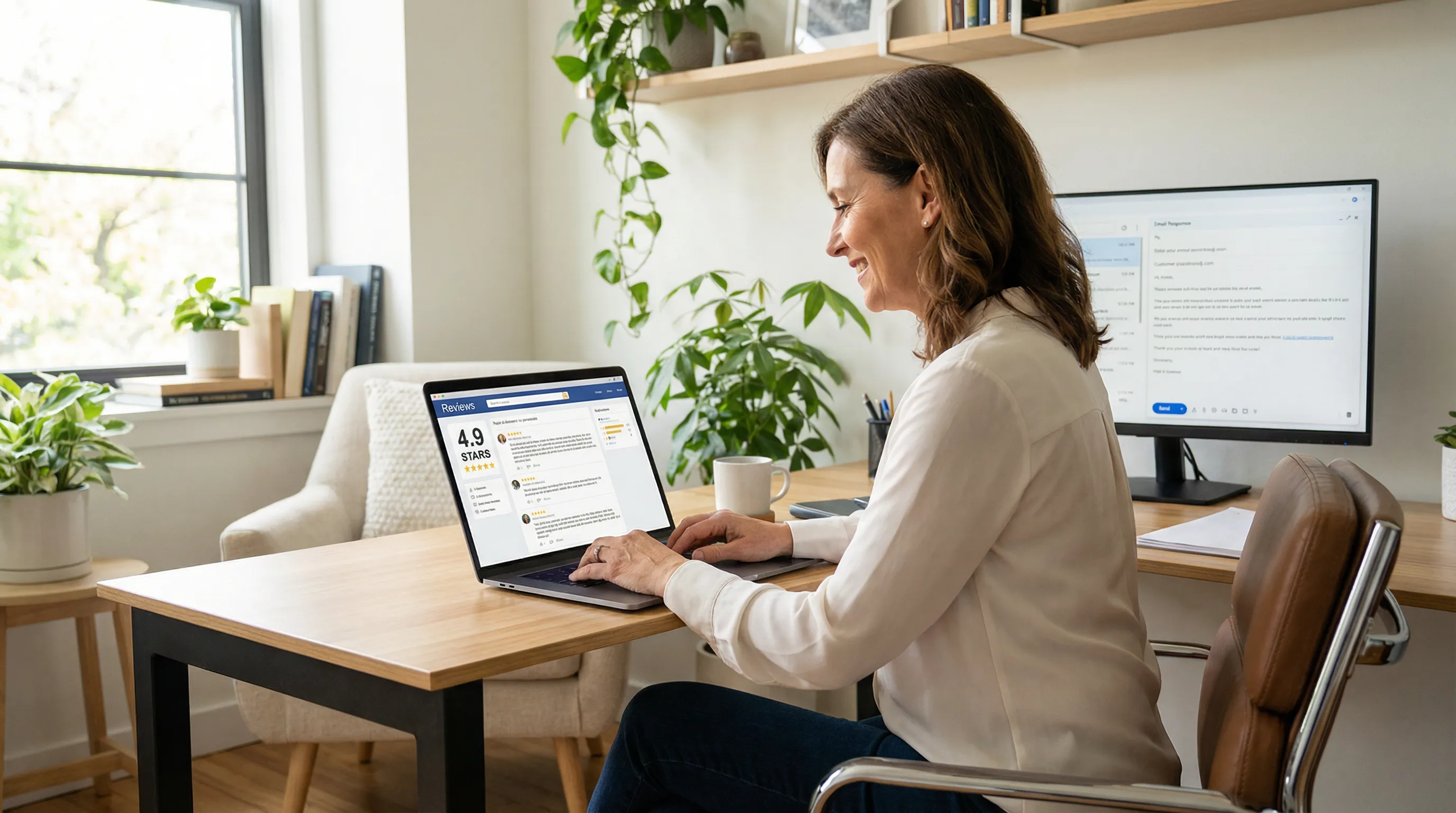 Business owner at a clean desk reviewing online customer star ratings and typing professional replies on a computer.