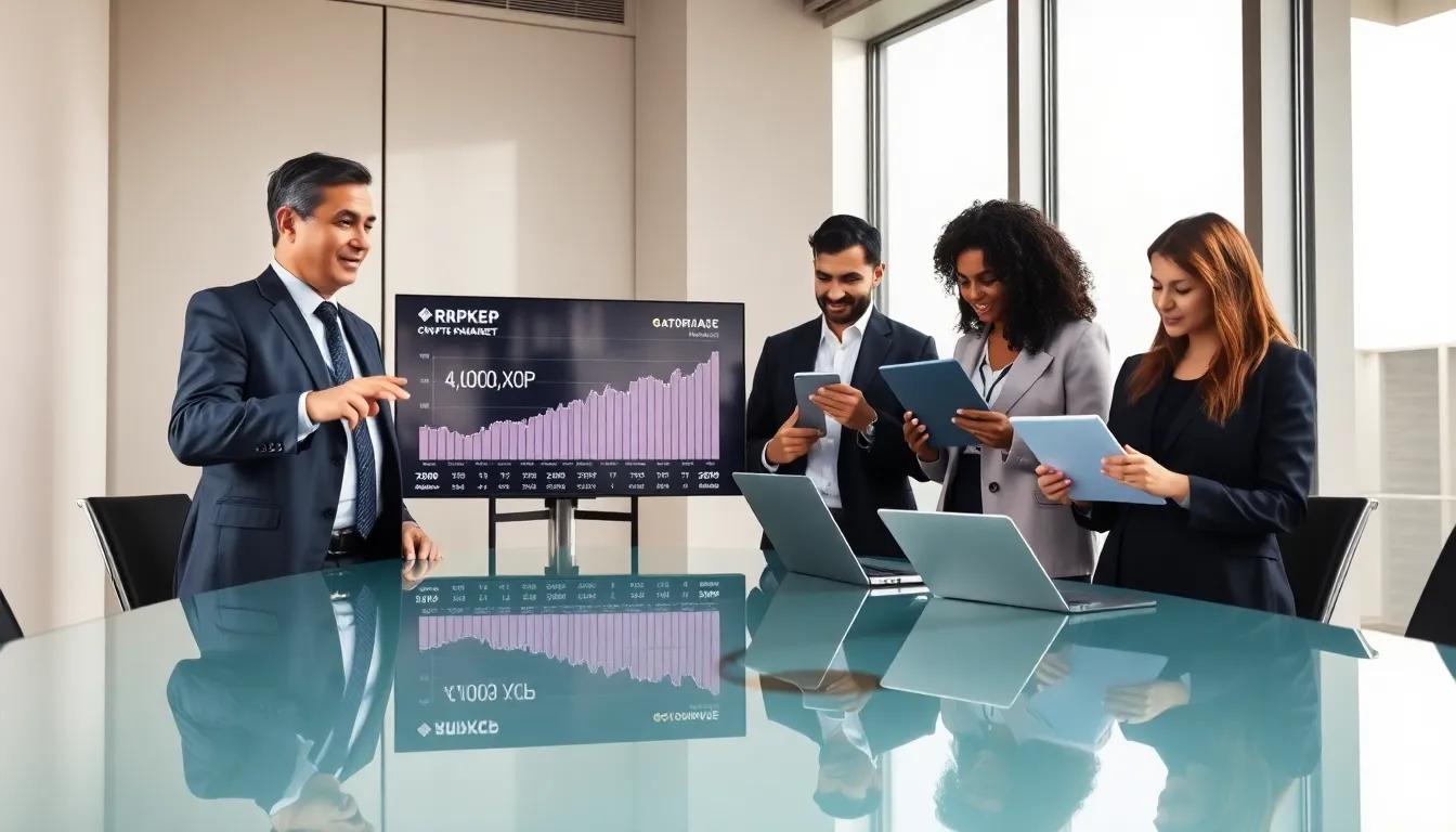 diverse professionals discussing cryptocurrency in a modern office setting.