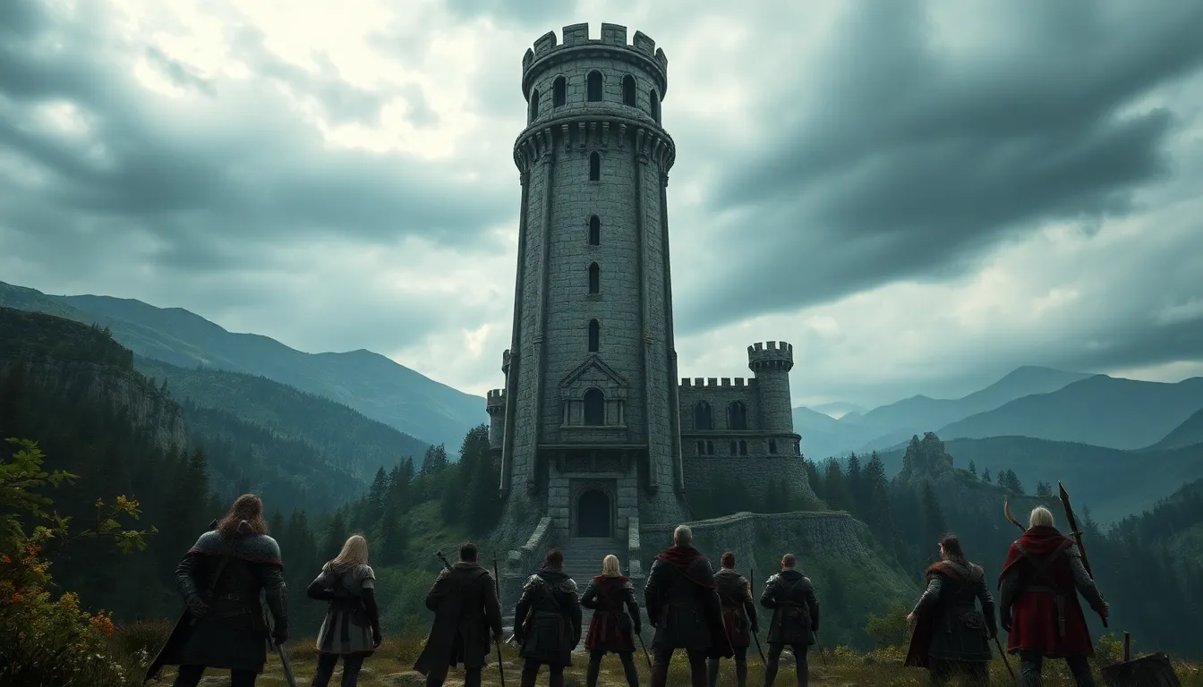 group of adventurers near a towering structure in a fantasy landscape.