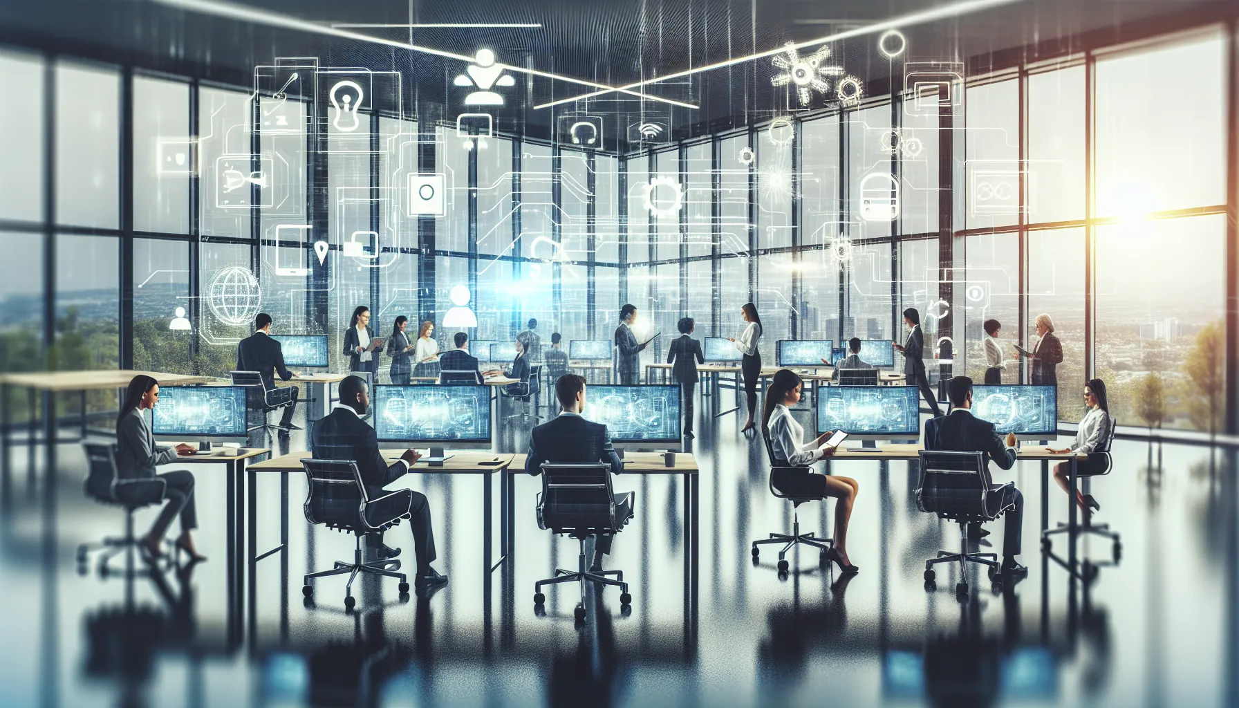 professionals engaging with innovative technology in a modern workspace.