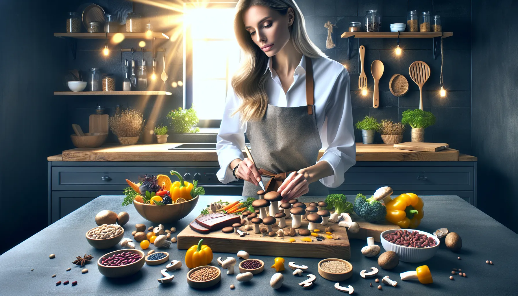 Chef preparing a nutritious dish with bryggstrut mushrooms in a modern kitchen.