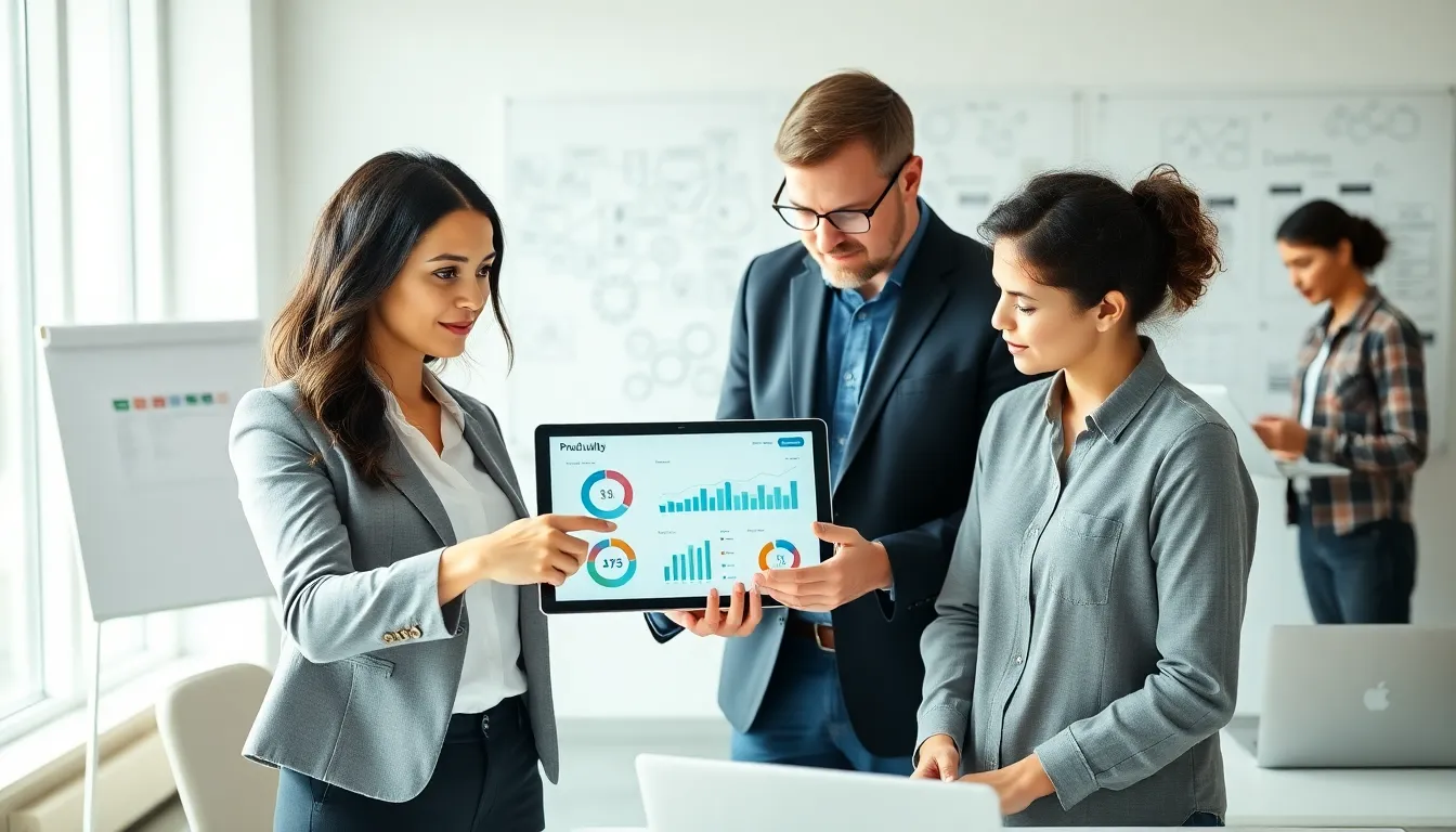 diverse team collaborating in a modern office on productivity strategies.