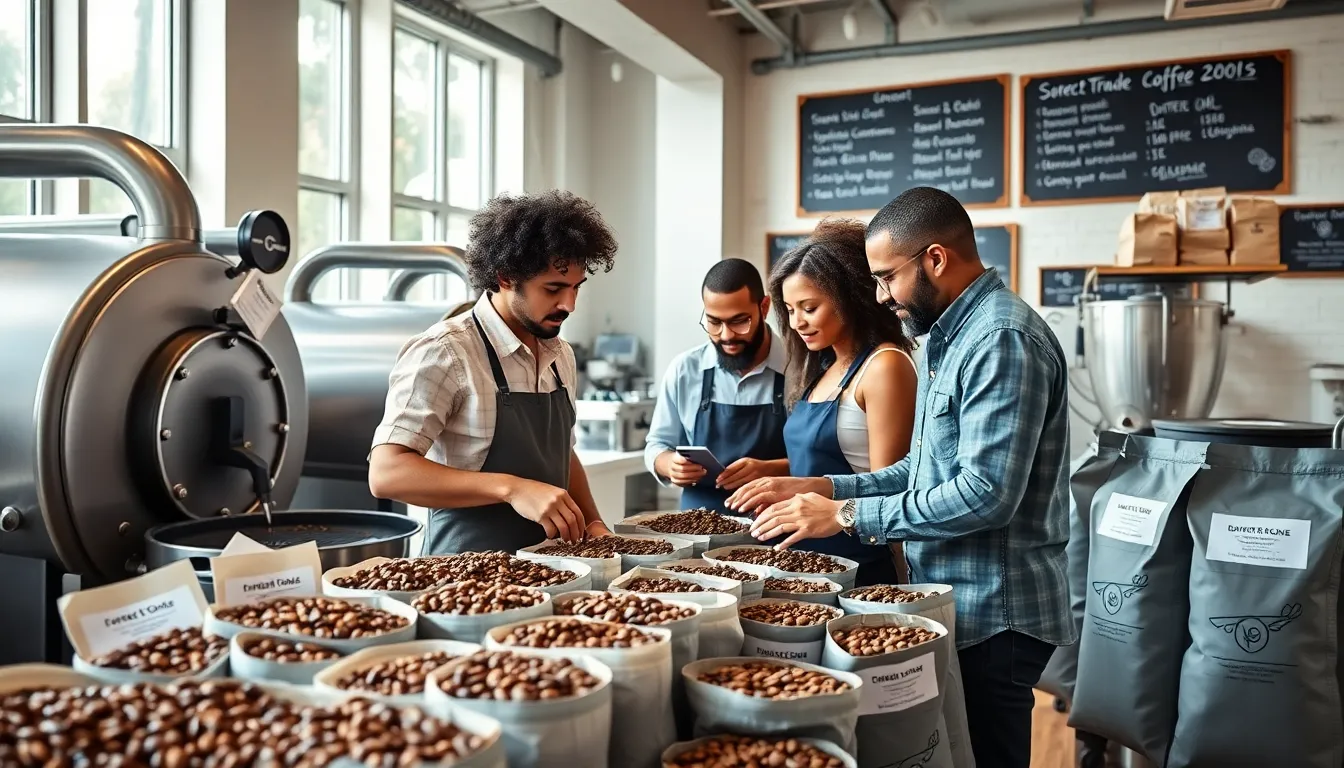 diverse coffee professionals discussing sustainability in a modern roastery.