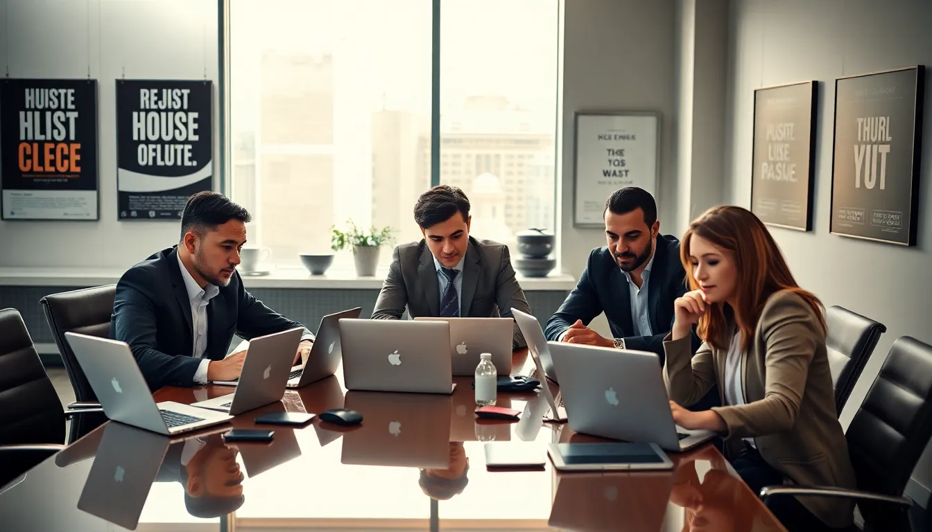 diverse team working intensely in a modern office setting.