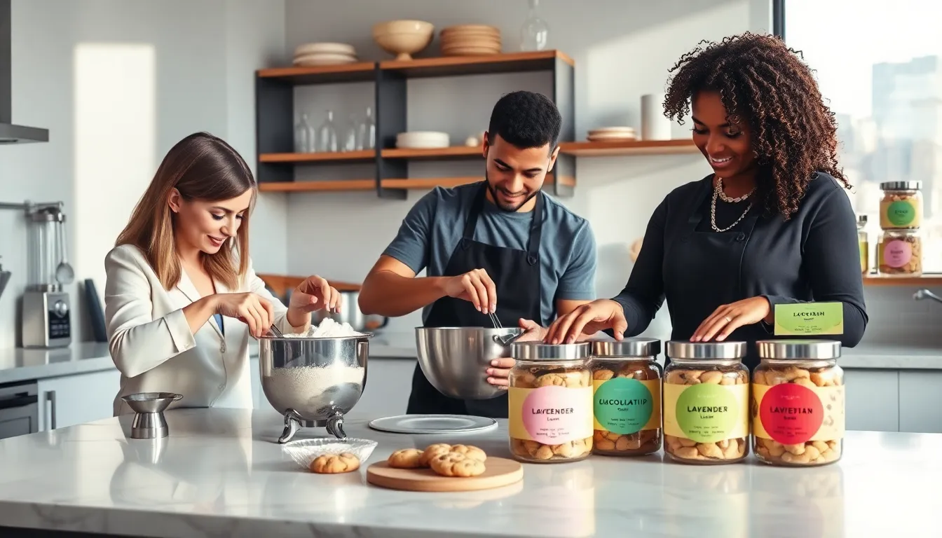 diverse team preparing cookies in a modern kitchen.