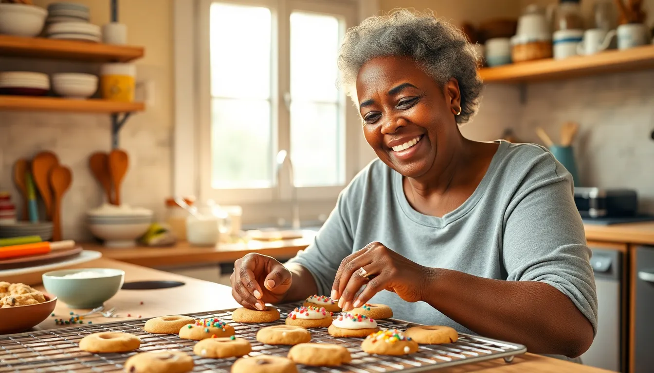 an elderly woman decorating cookies in a sunny kitchen.
