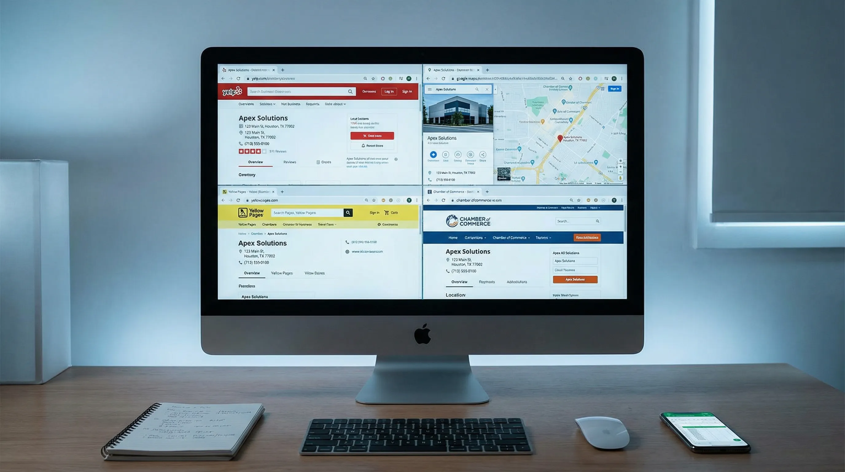 Modern desk with a computer monitor showing several online directory listings side by side, all displaying matching business contact details for a Houston location.