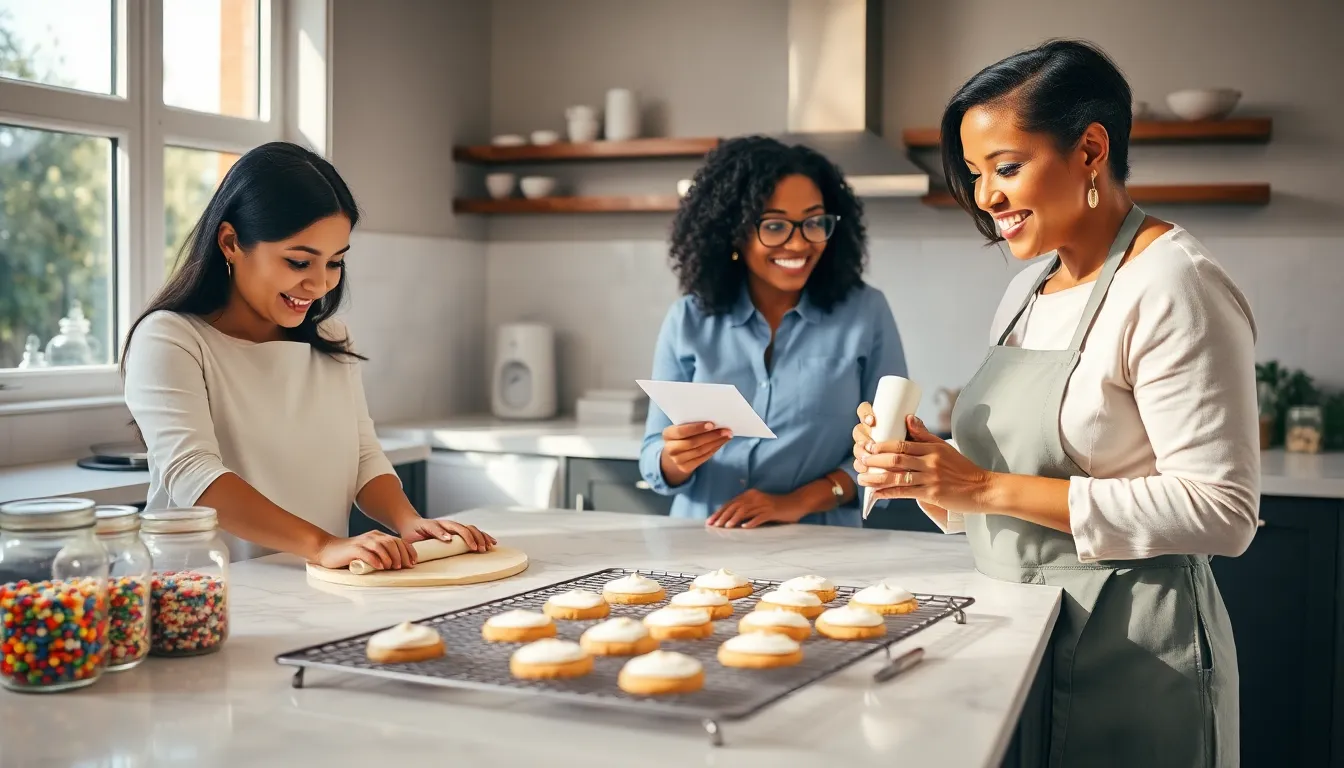 diverse team baking cookies in a cozy kitchen setting.