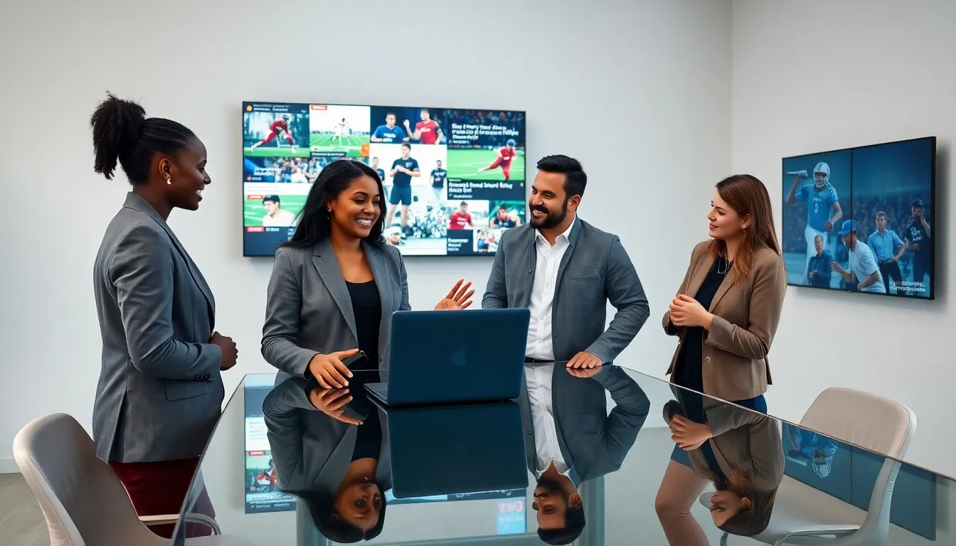 diverse team discussing sports news in a modern office.