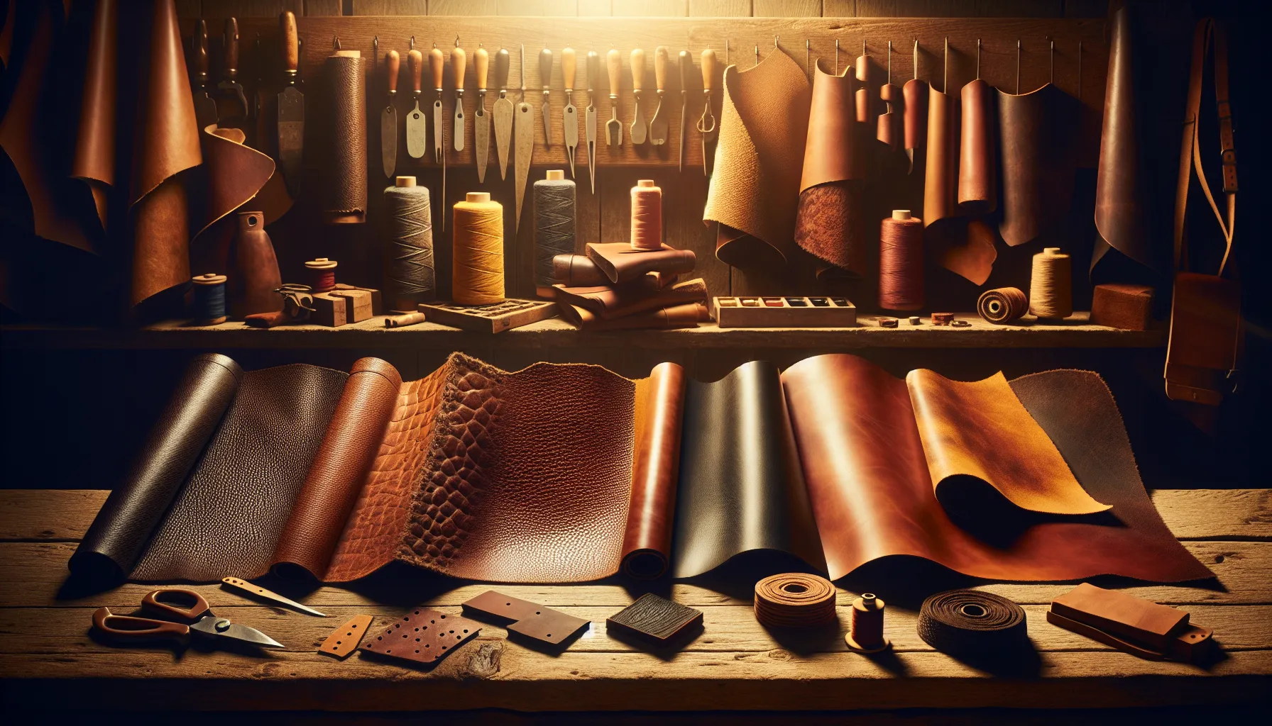 various leather types on a wooden table in a workshop.