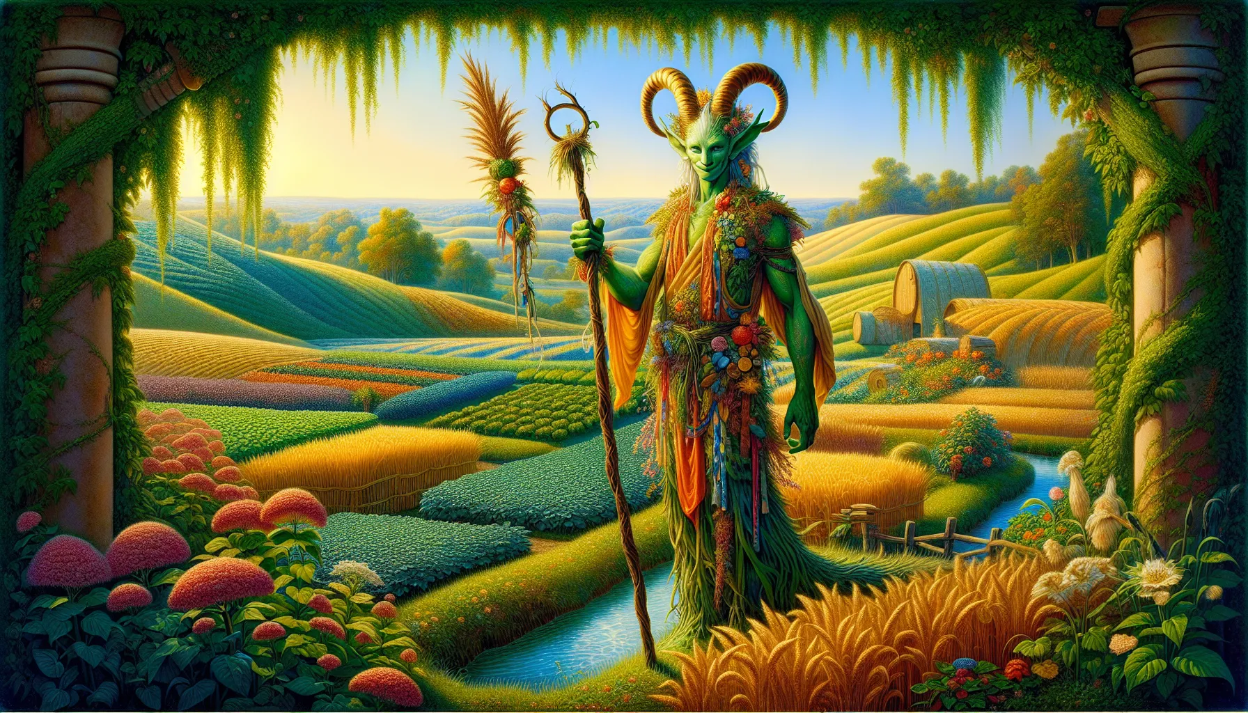 Glorrkimm guarding a vibrant agricultural landscape.