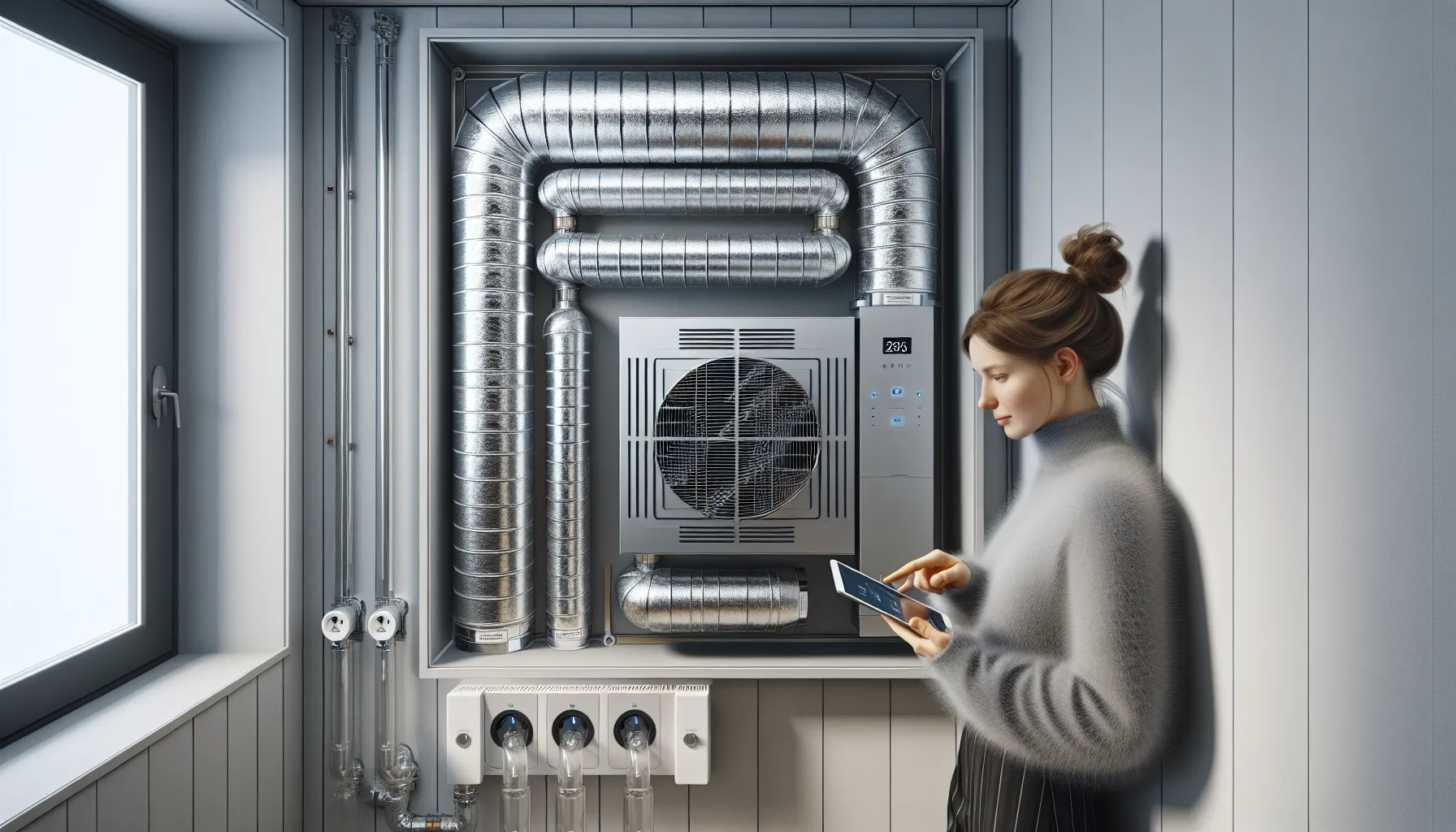 Slik kan du bruke varmegjenvinning for å spare energi 2 Homeowner adjusts hrv heat recovery unit in a norwegian winter utility room.