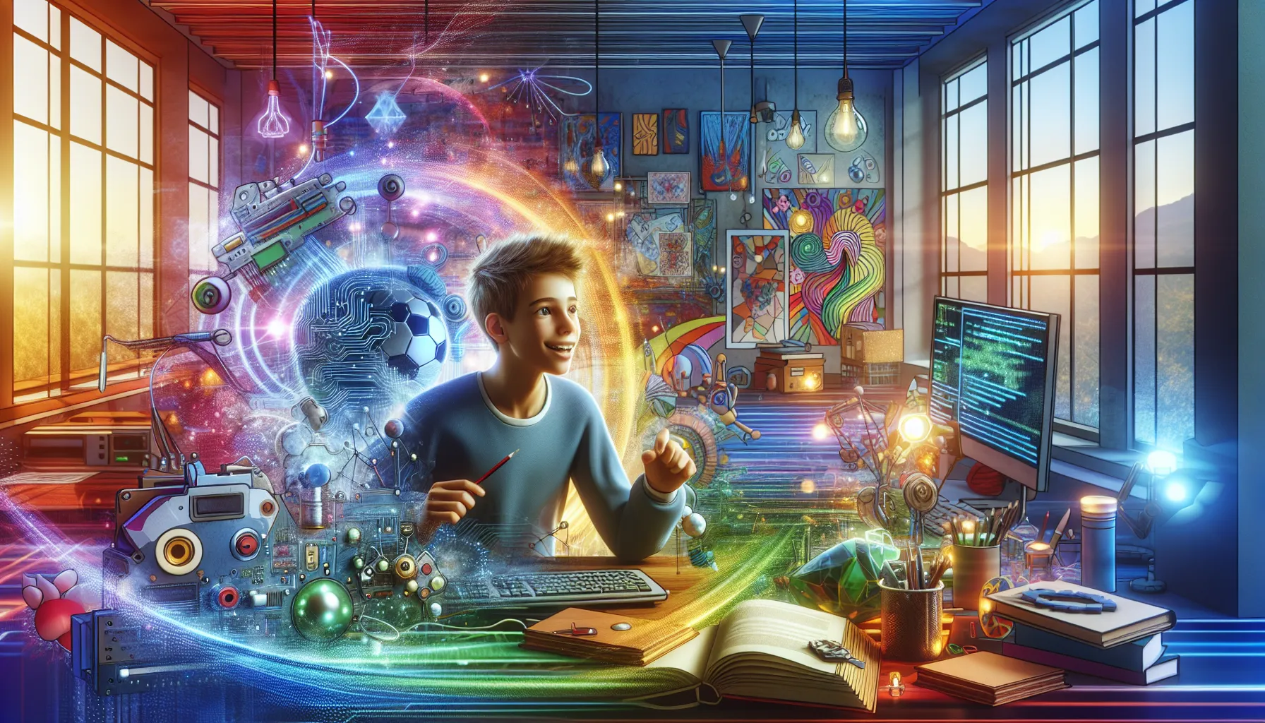 young boy exploring technology in a creative workspace.