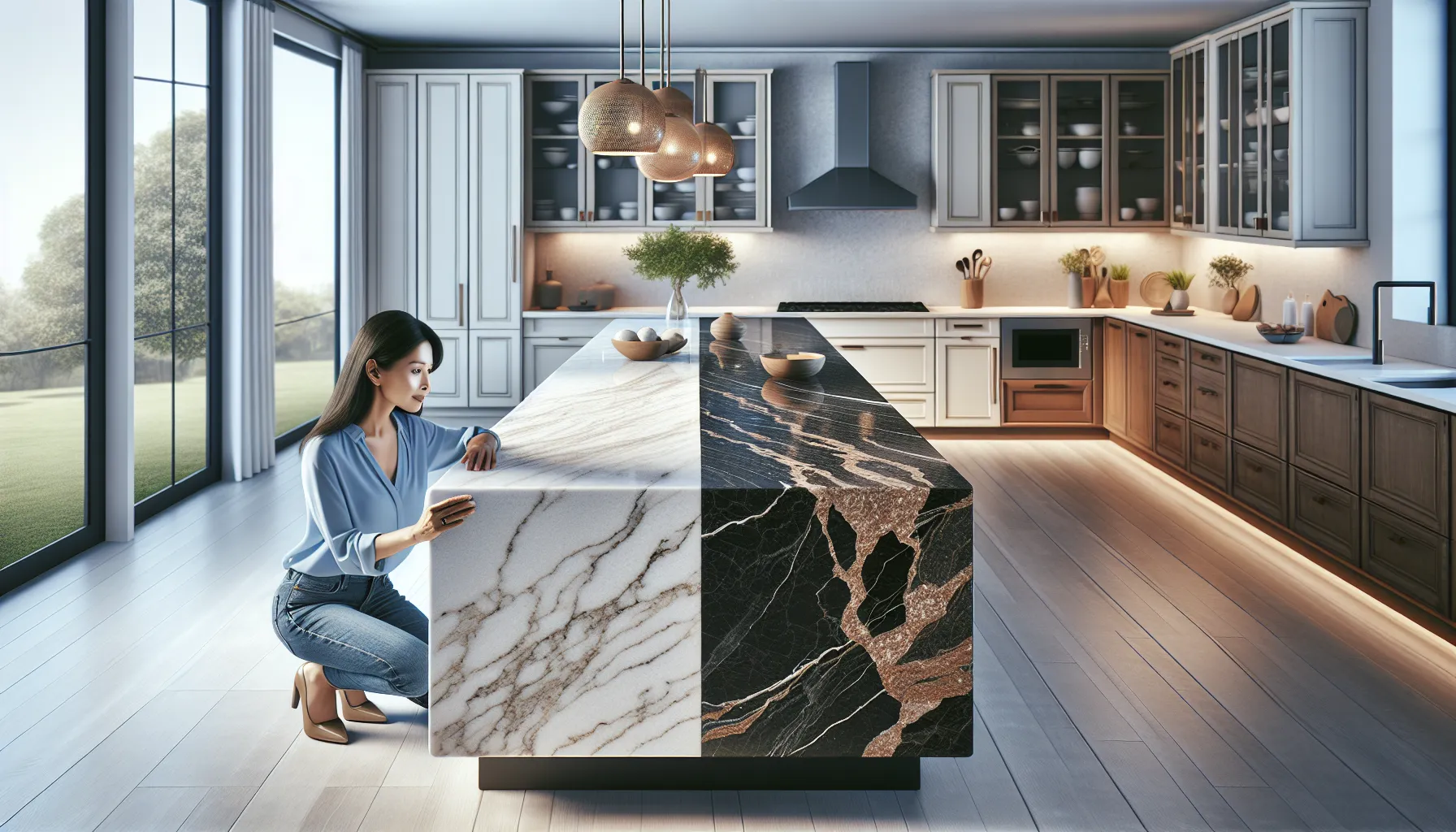 a woman comparing quartz and granite countertops in a modern kitchen.