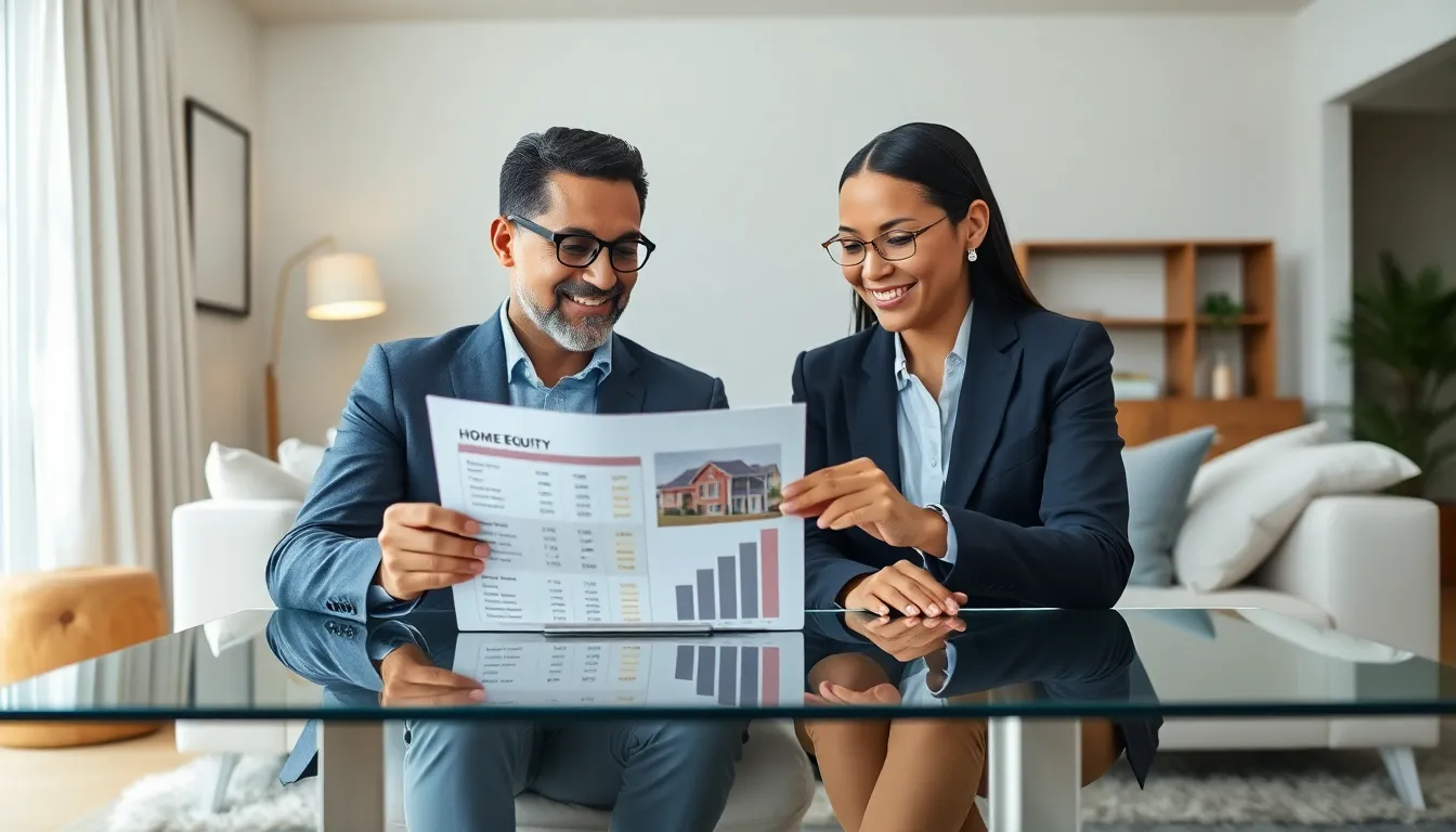 diverse couple reviewing home equity calculations in a modern setting.