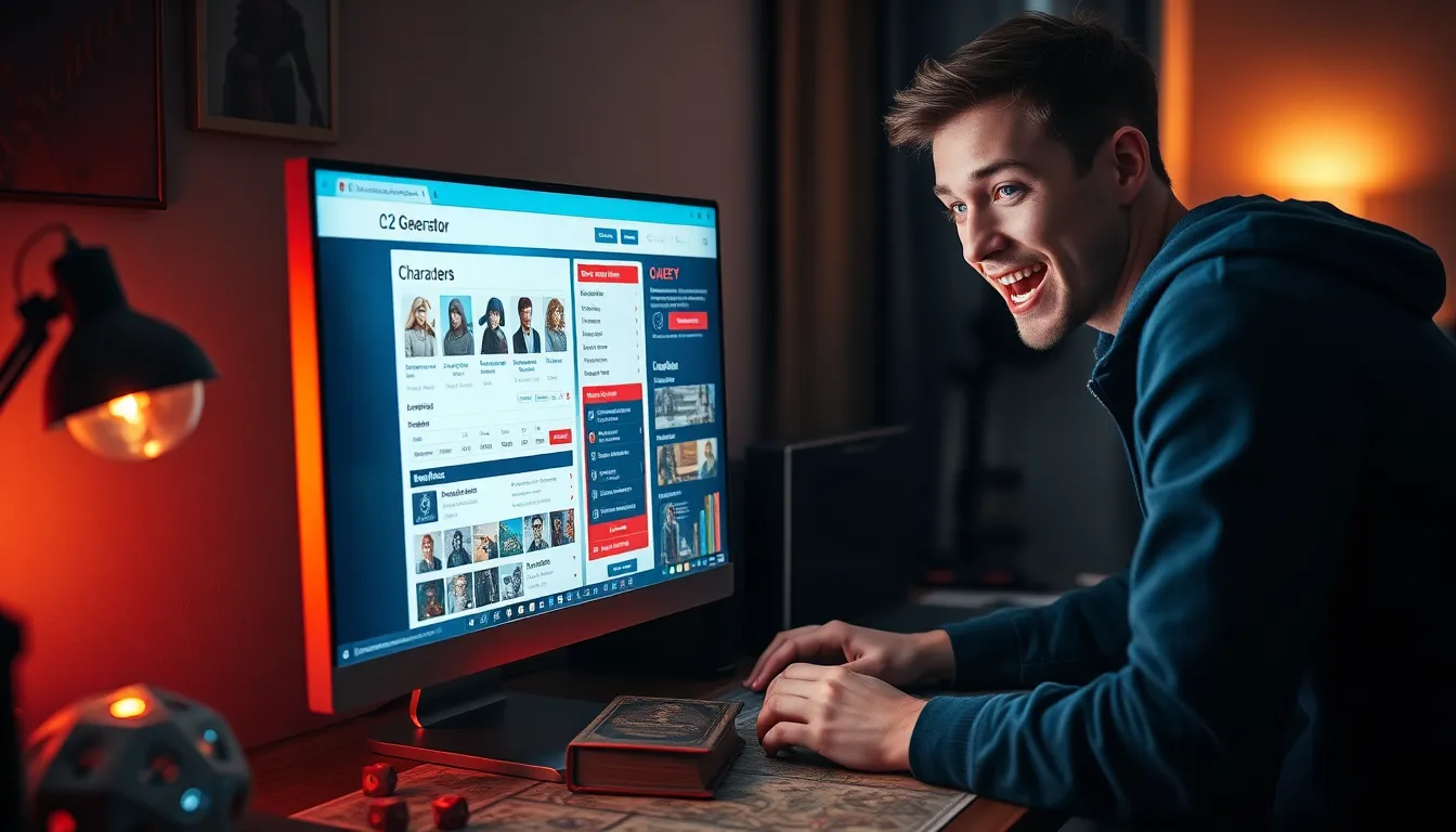 A young man excitedly using the CK2 character generator on a computer.
