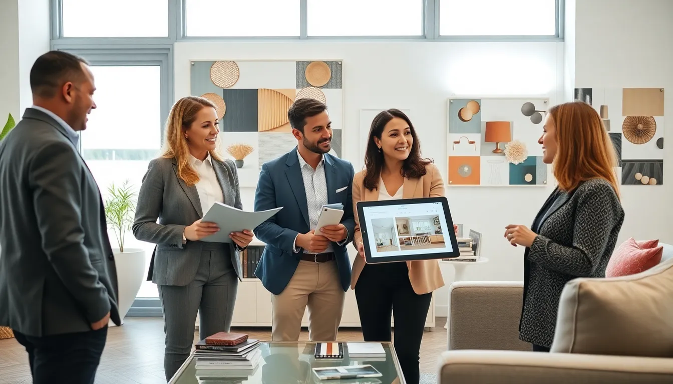 diverse team of home design consultants collaborating with a client.