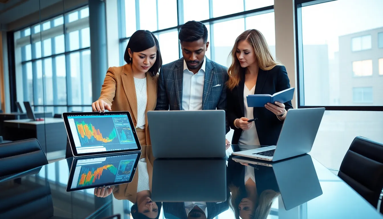 diverse team analyzing data in a modern office.