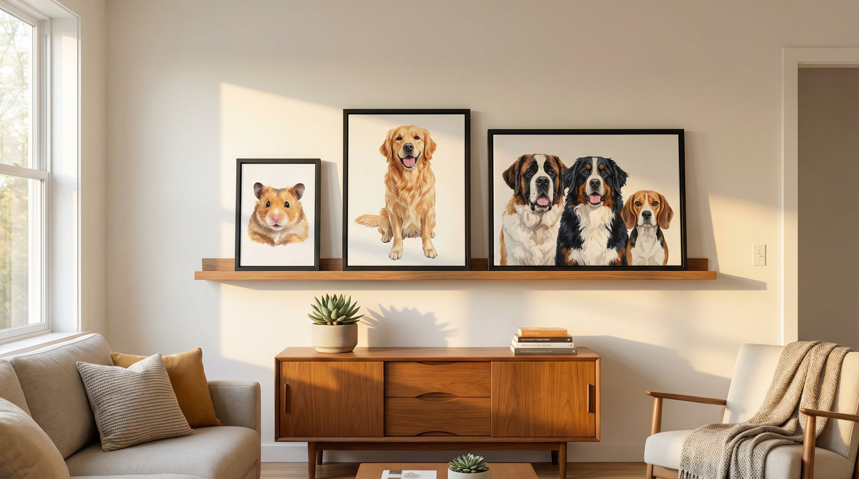 Three pet portraits in small, medium, and large sizes displayed on a living room shelf.