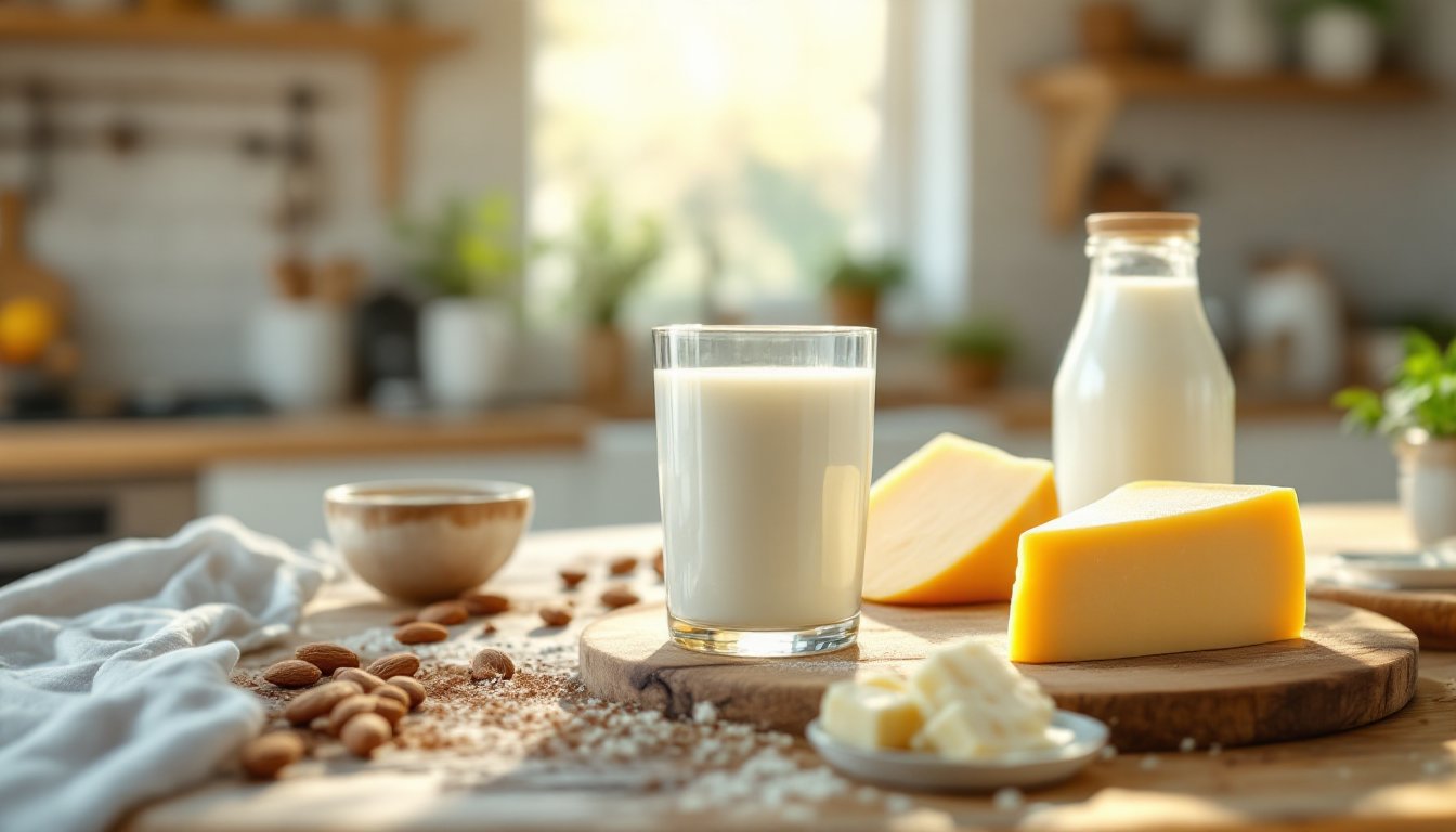 Various dairy products including milk, yogurt, cheese, and butter on a kitchen table.