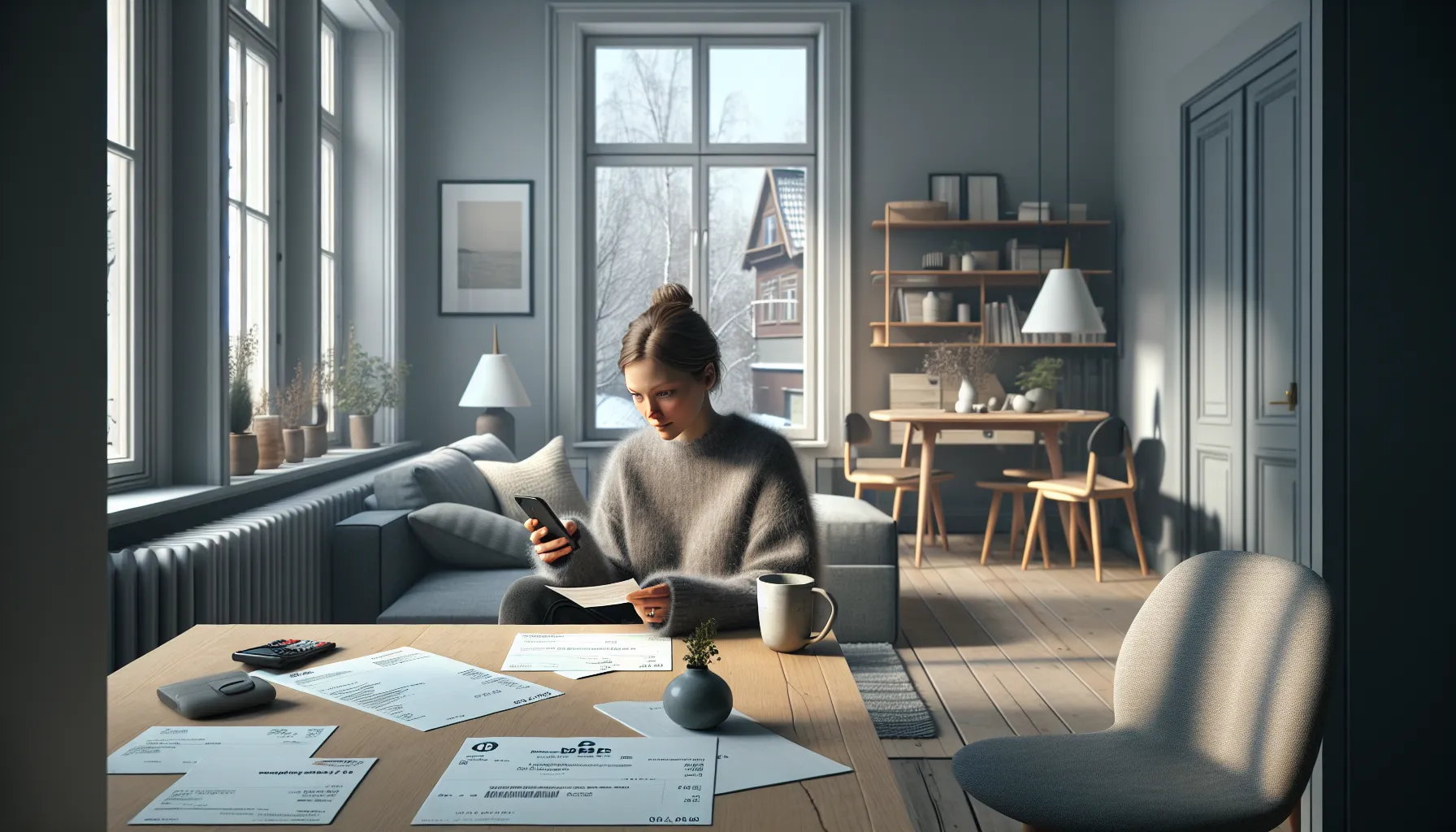 Hvordan bygge en økonomisk buffer for uforutsette utgifter 2 Norwegian woman calmly using emergency savings account to pay an unexpected bill.