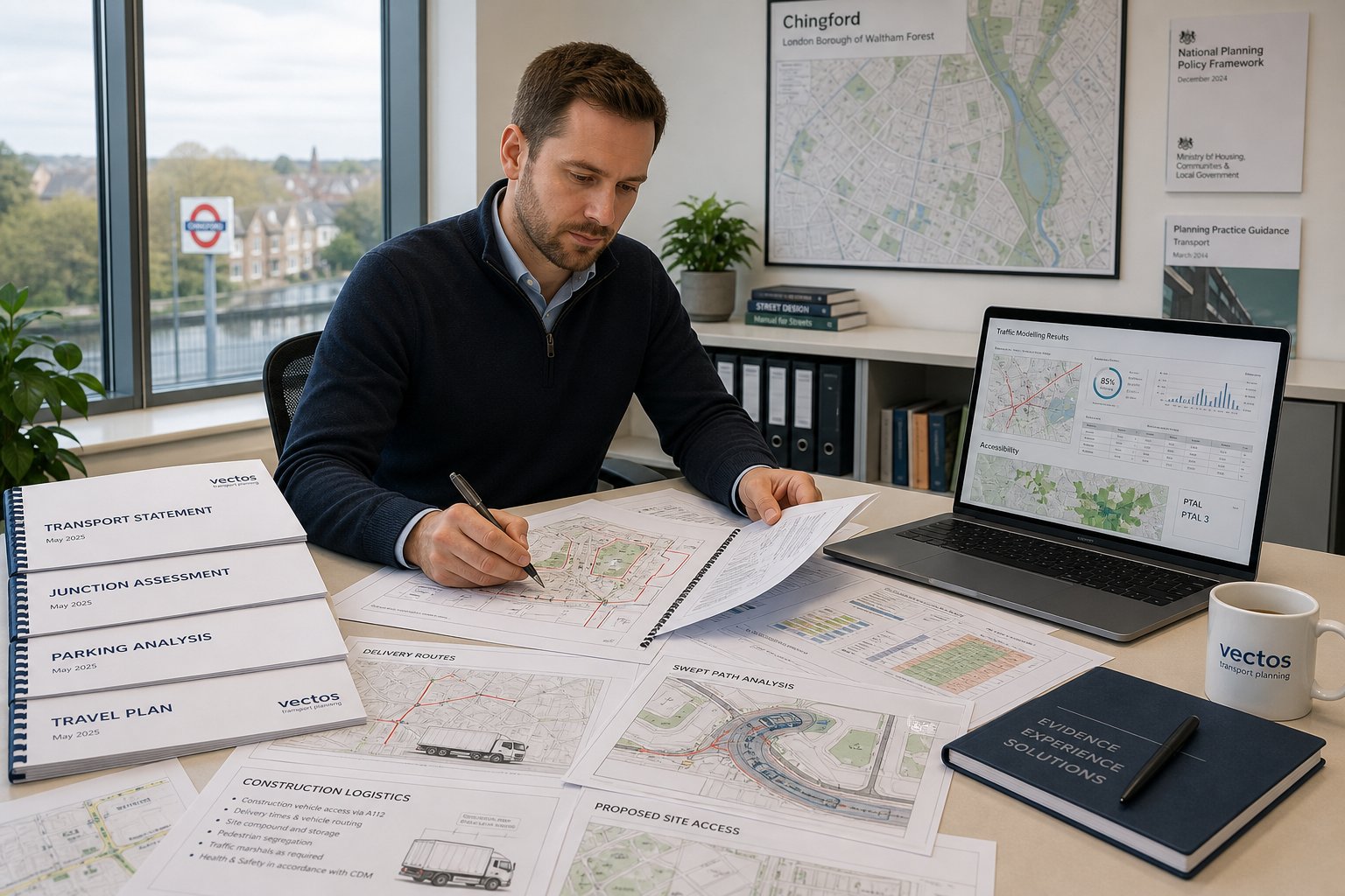 Traffic engineer reviewing planning transport reports and site drawings in a modern office.