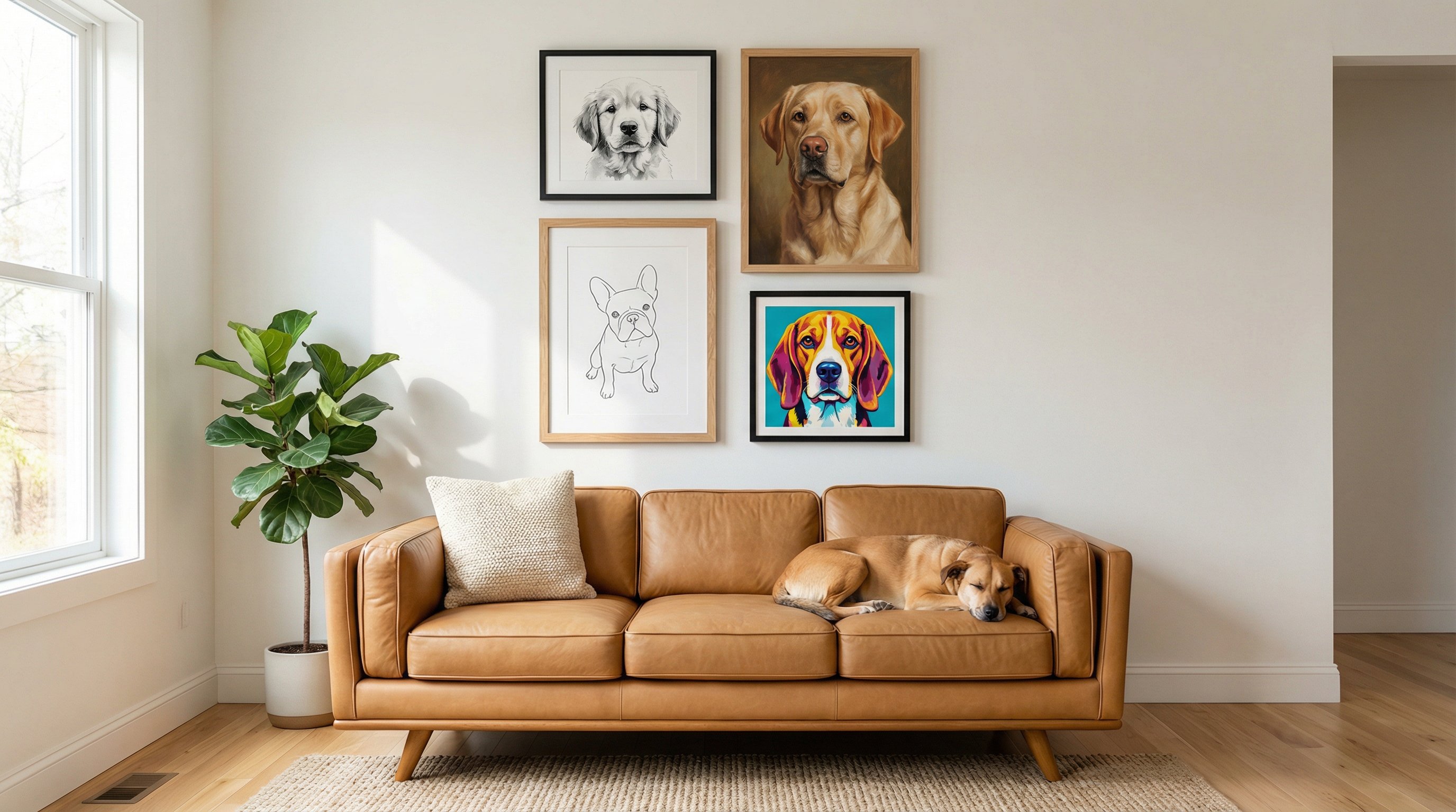 Curated gallery wall of framed dog portraits above a cozy living room sofa.