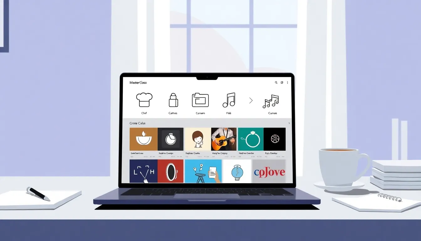 laptop displaying diverse MasterClass courses on a modern workspace.