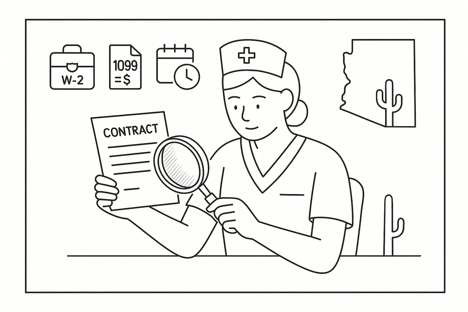 Nurse practitioner examining a contract with icons for four common agreement types.