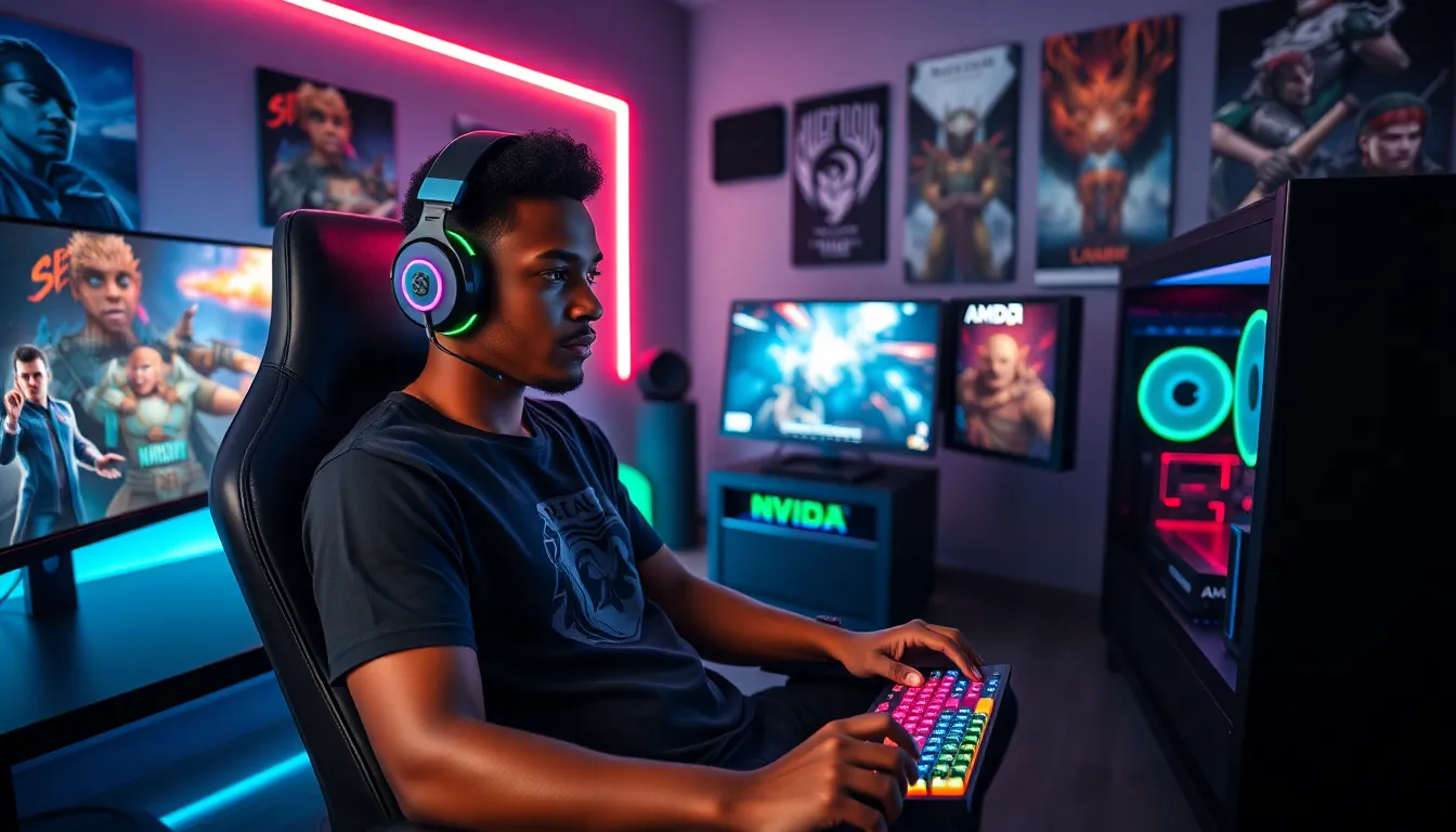 a gamer in a high-tech setup with colorful RGB lighting and consoles.