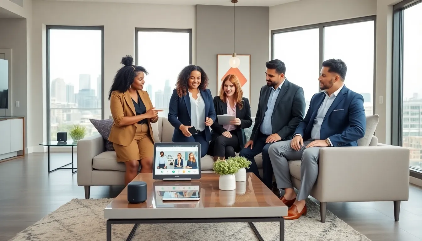 Professionals discussing smart home technology in a modern Houston living room.
