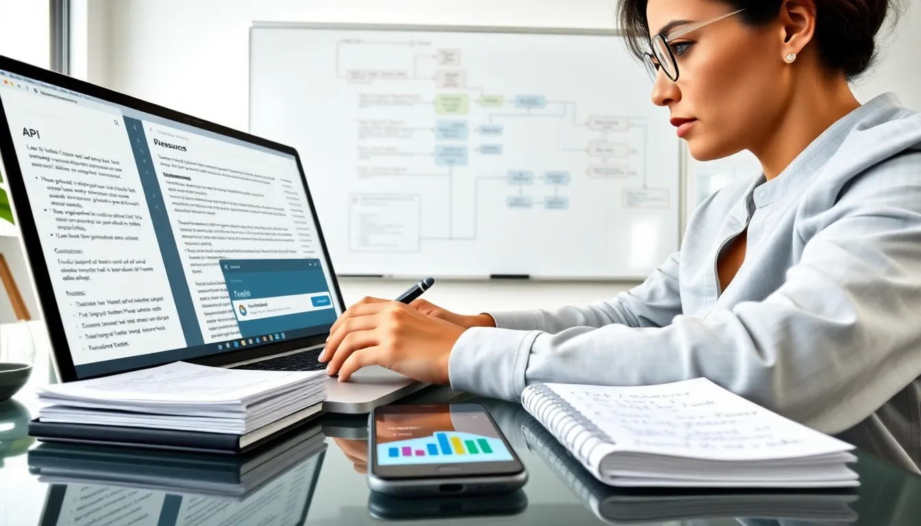 Professional at laptop integrating external resources with visible documentation and charts.