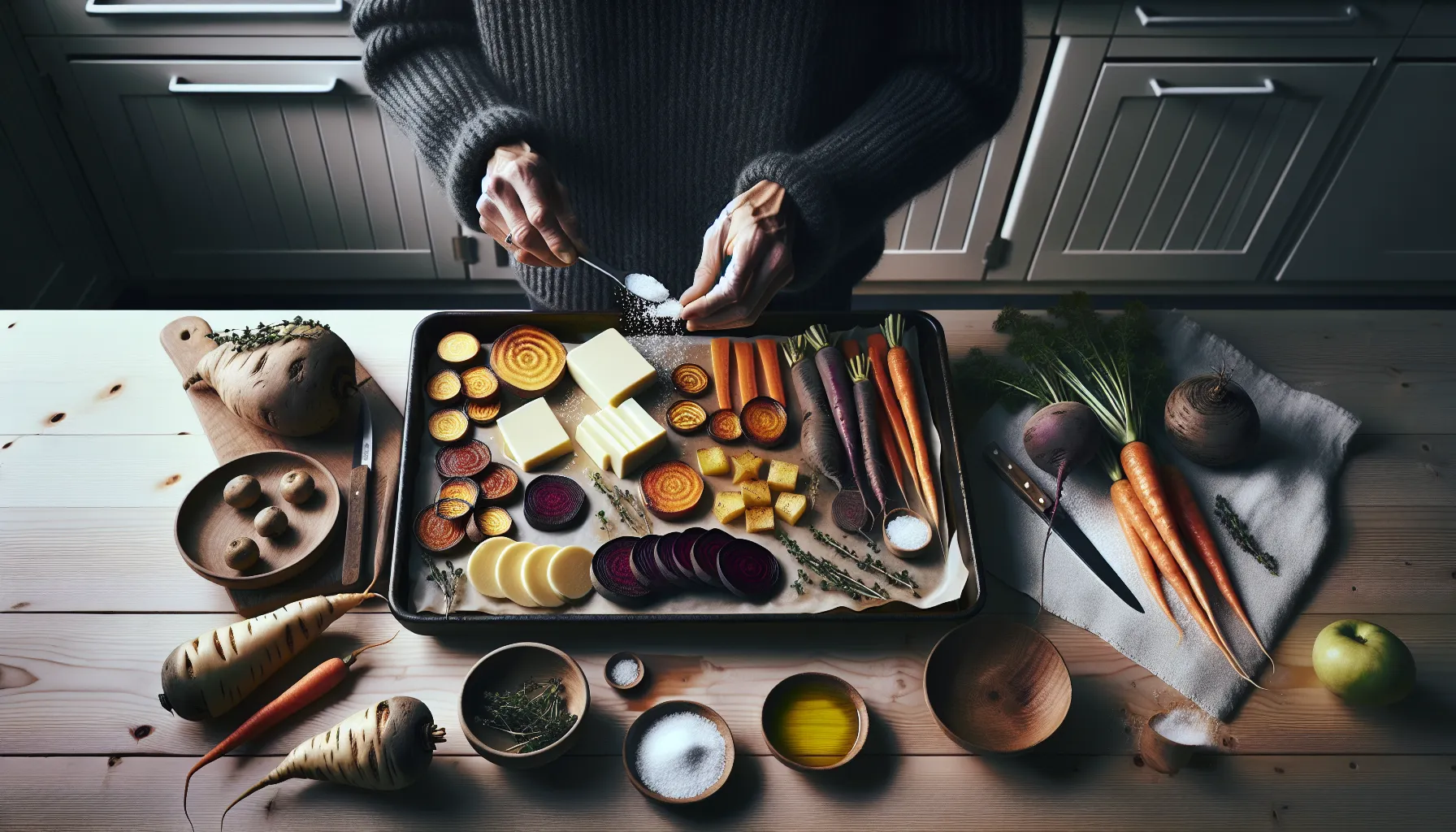 Nordic cook salts roasted root vegetables beside precise cuts and storage bags.