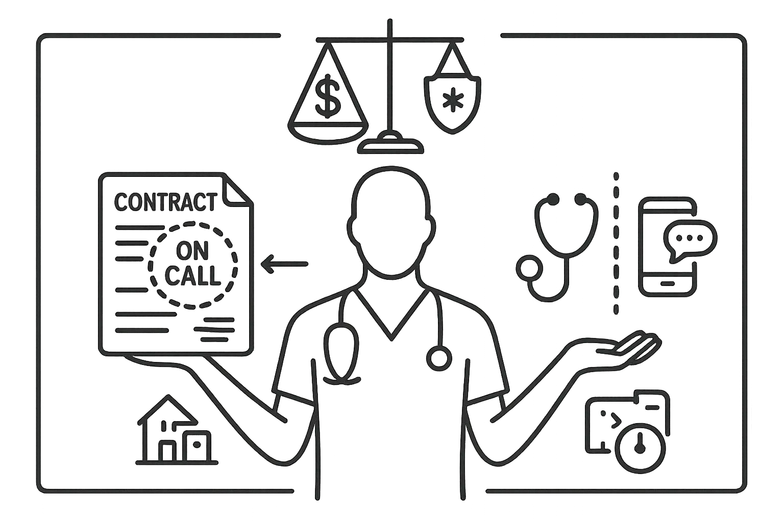 PA standing between a contract, clock, split coverage icons, and scales of pay/liability.