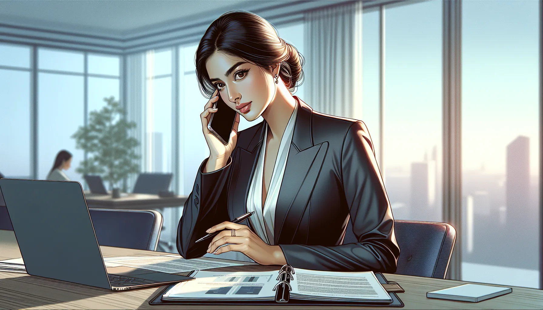 woman in an office handling a suspicious phone call.
