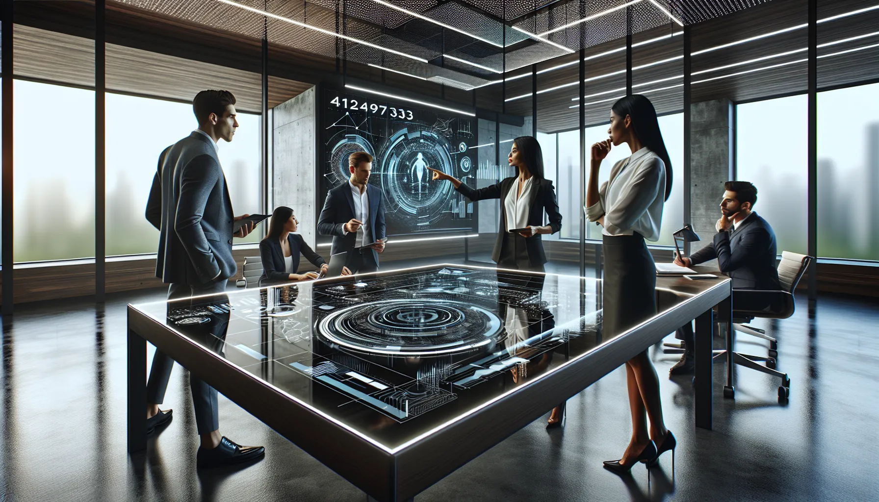 diverse team discussing numerical data in a modern office setting.