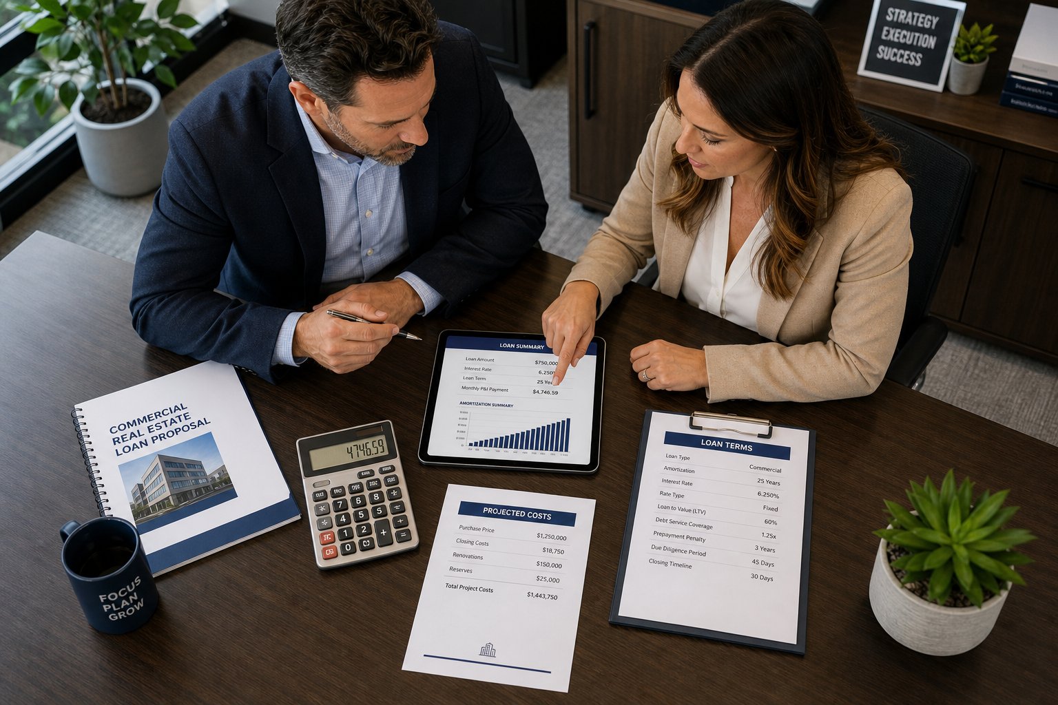 Overhead view of a commercial mortgage meeting with paperwork, tablet, and calculator on a desk.