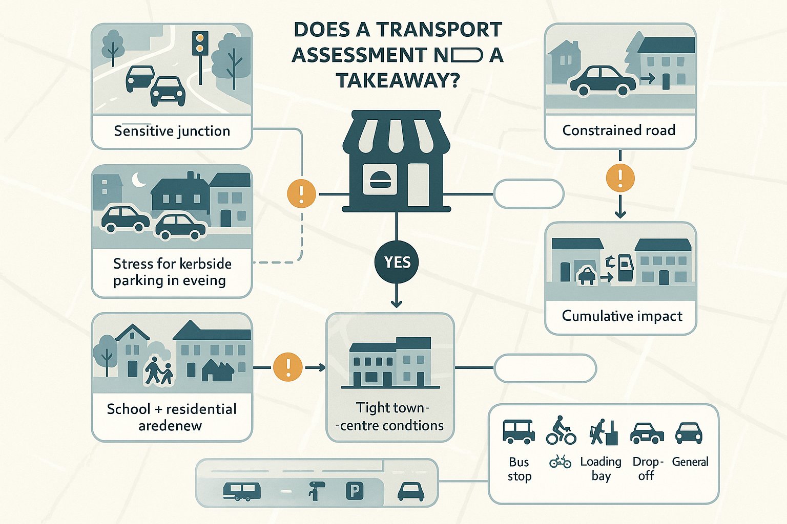 Flowchart showing when a no-drive-through takeaway needs a transport assessment.