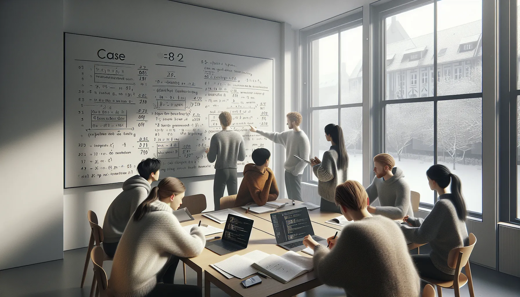 Norwegian students collaborating in a study group with notes, laptop, and whiteboard.