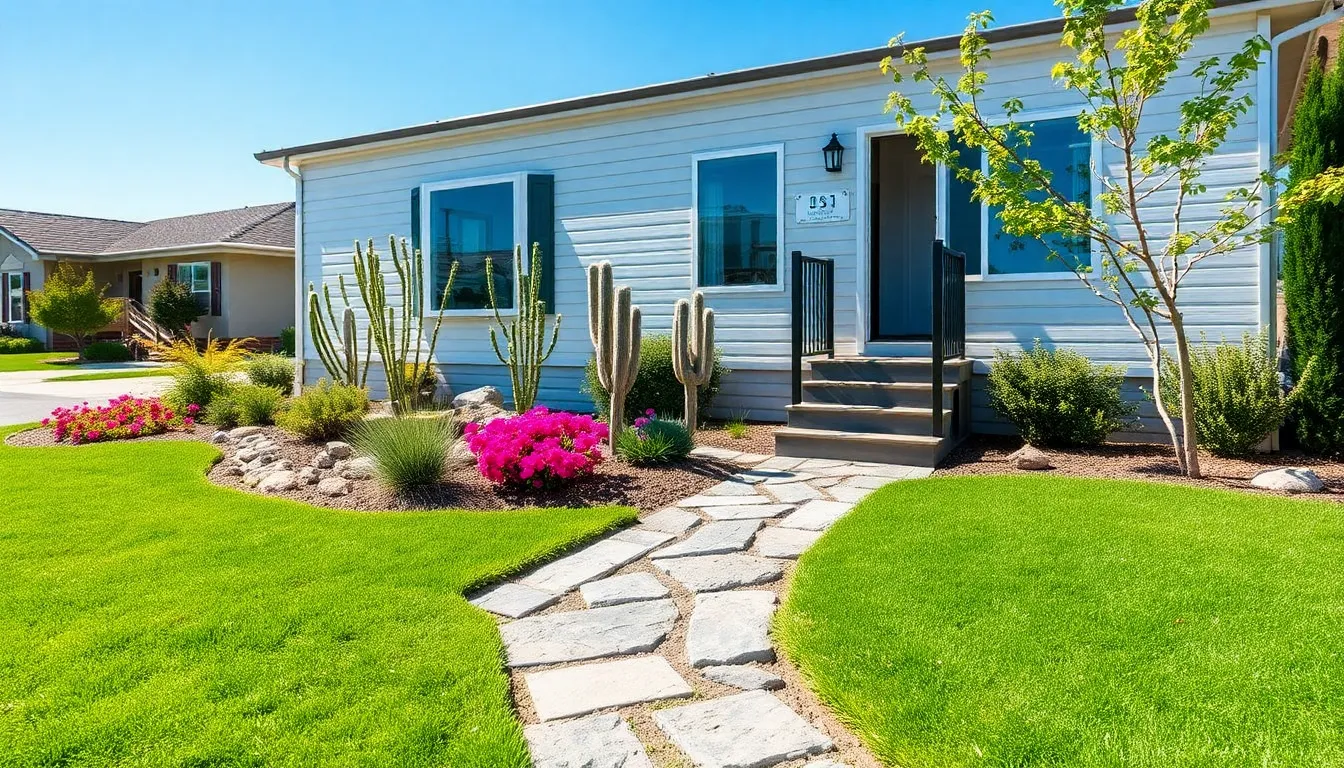 colorful landscaping surrounding a modern mobile home in a suburban area.