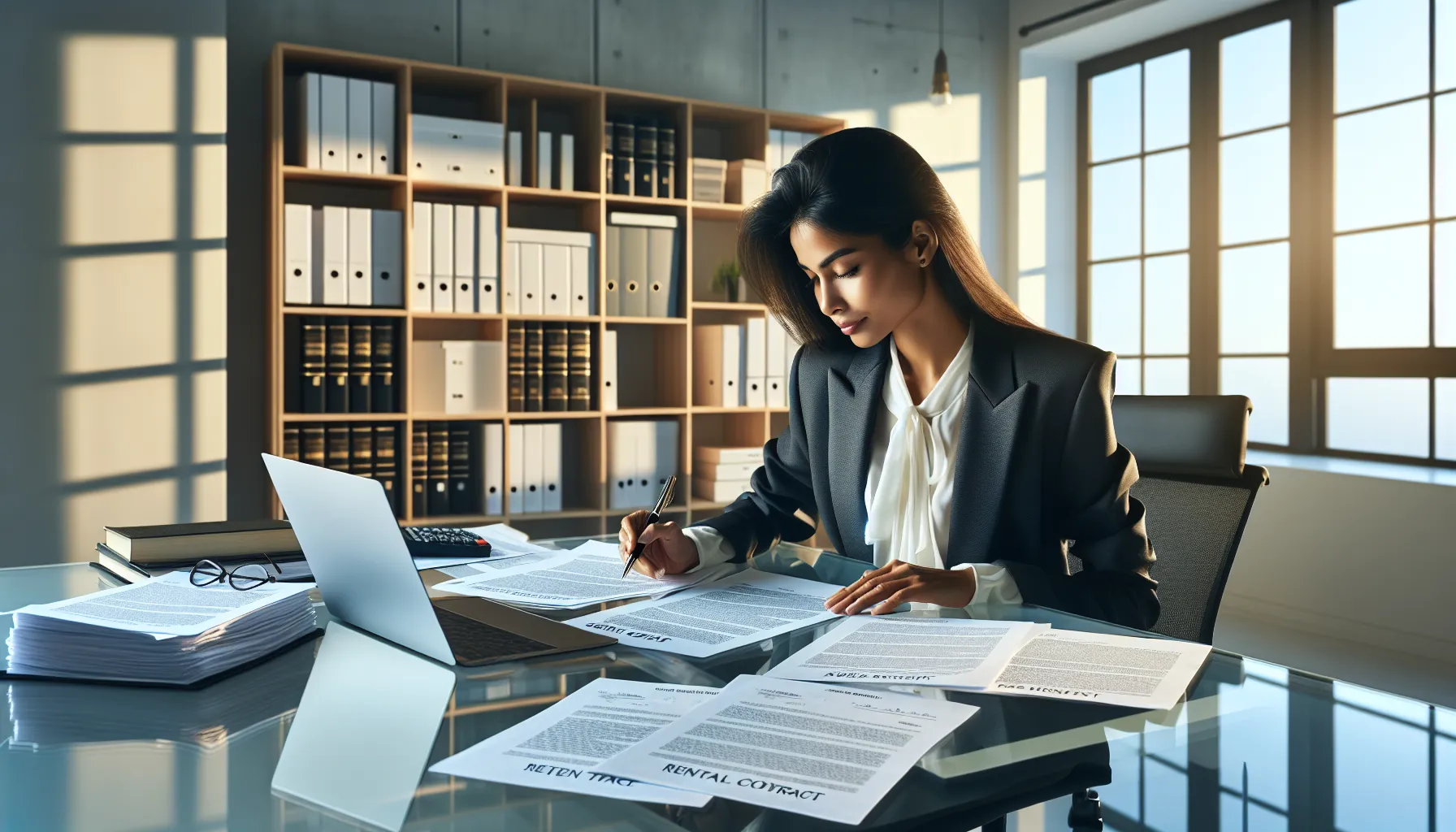 Croatian legal professional reviewing rental contract documents and amendments at modern office desk.