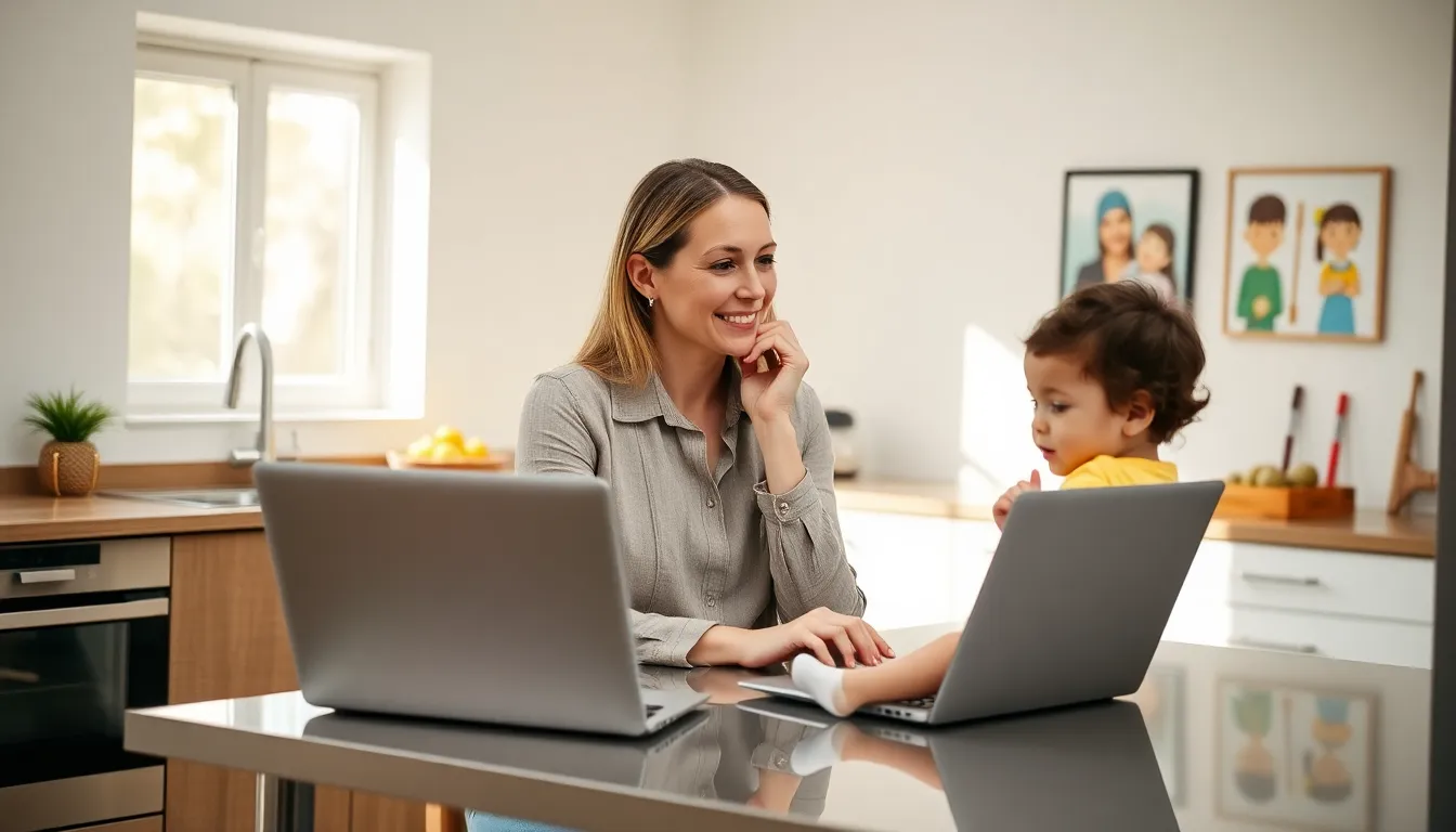 solo mother working from home with her toddler.