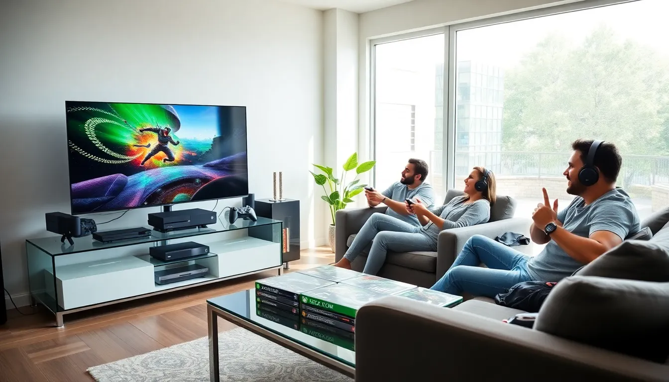 diverse gamers enjoying Xbox in a modern gaming room.