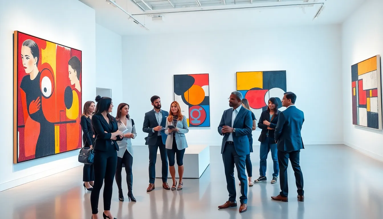 diverse group in a modern art gallery discussing abstract artwork.