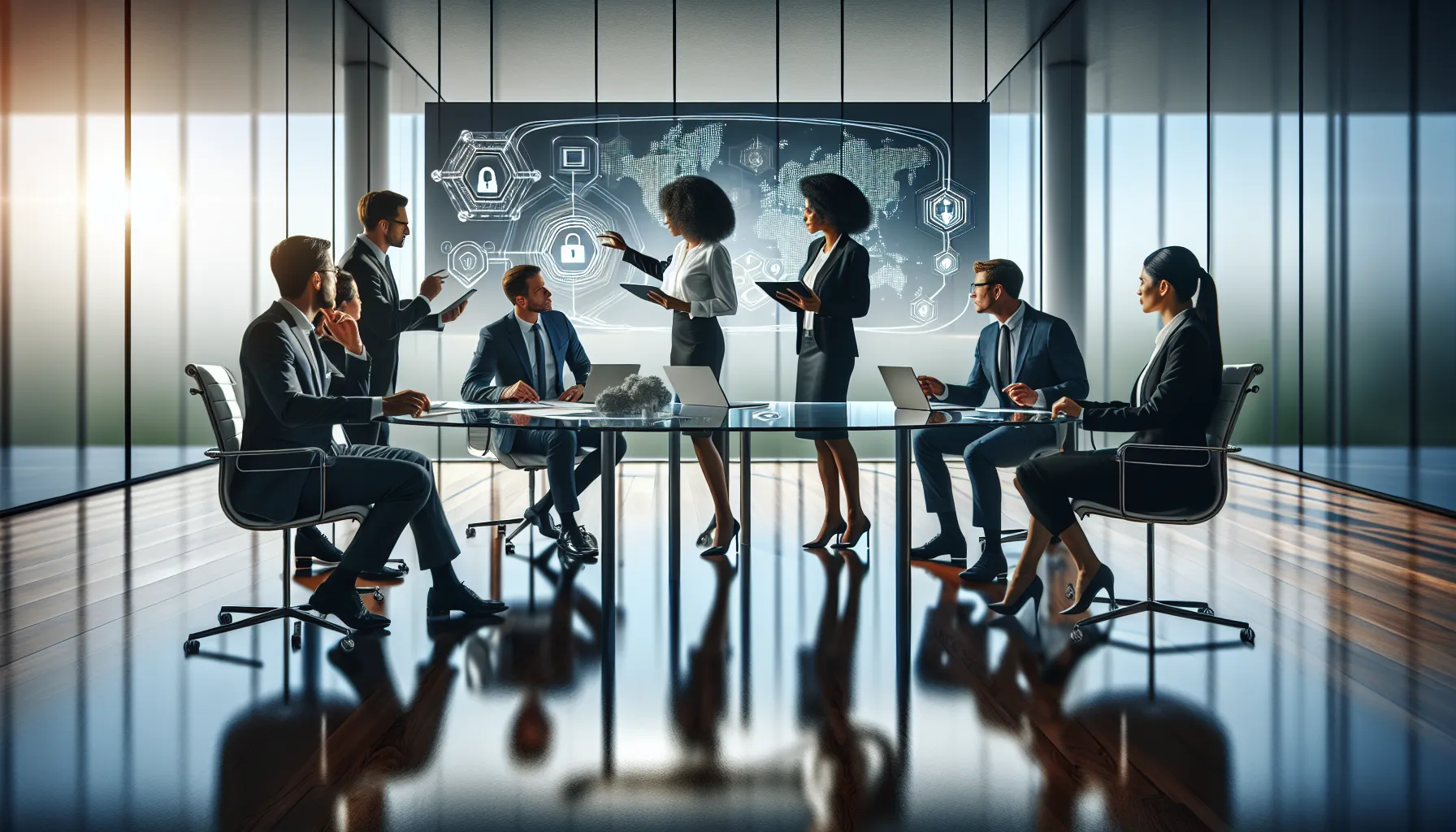 diverse team discussing data privacy strategies in a modern office.