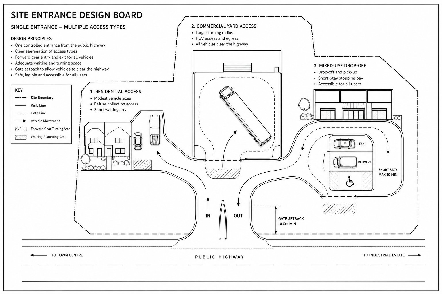 Site access layout for homes, lorries, taxis, and service vehicles.
