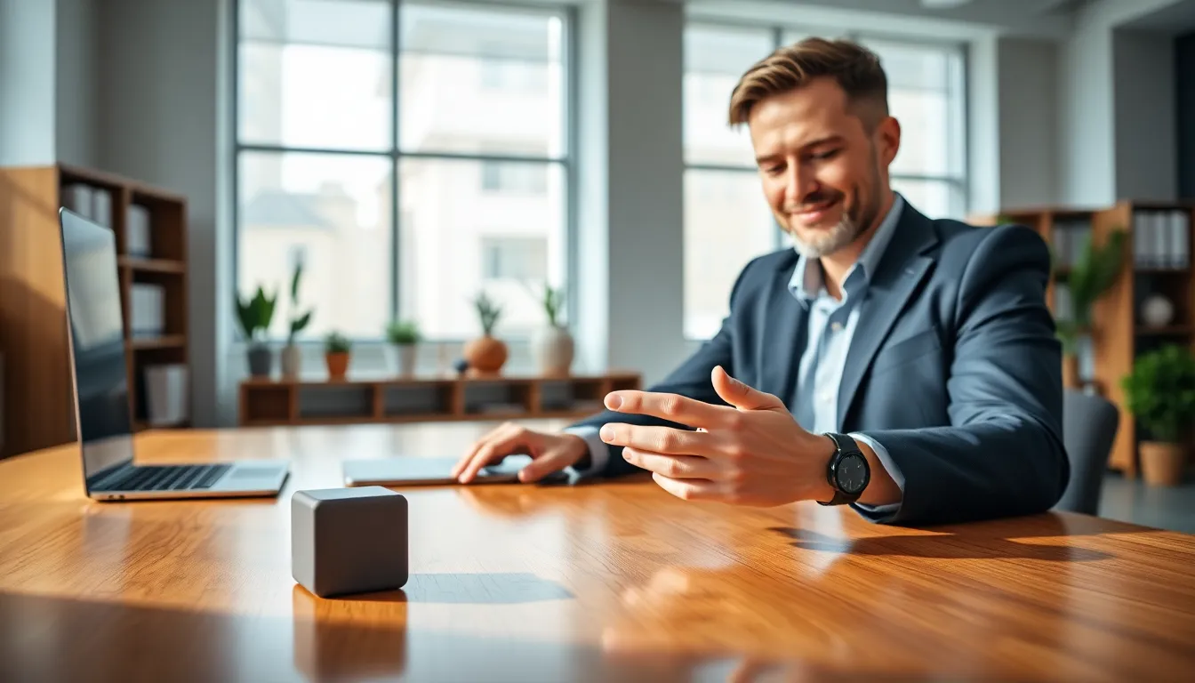professional using a stylish fidget gadget in a modern office.